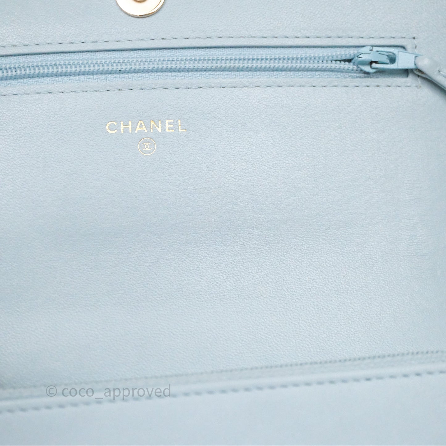 Chanel Pearl Chain WOC Wallet On Chain Light Blue Lambskin Gold Hardware