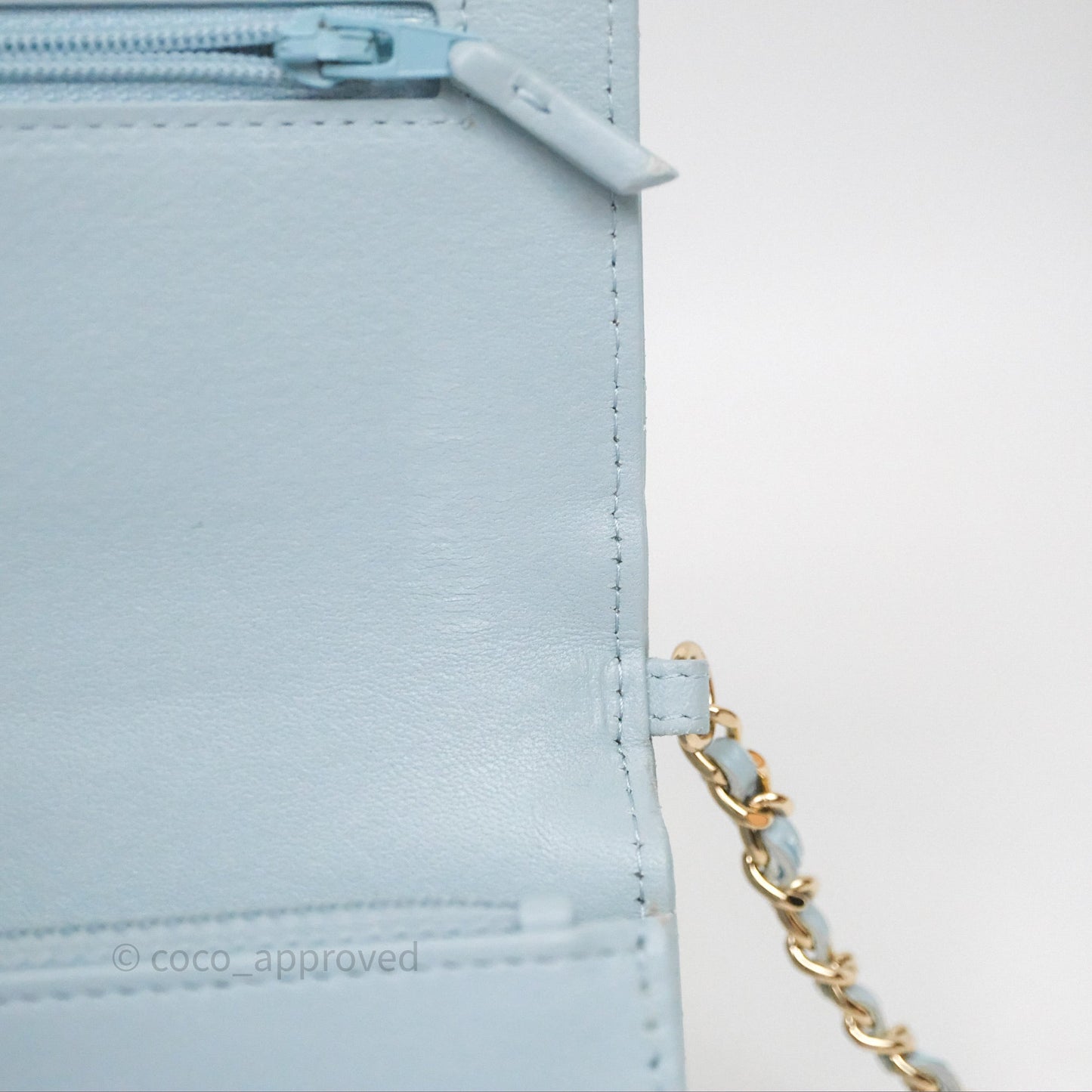 Chanel Pearl Chain WOC Wallet On Chain Light Blue Lambskin Gold Hardware