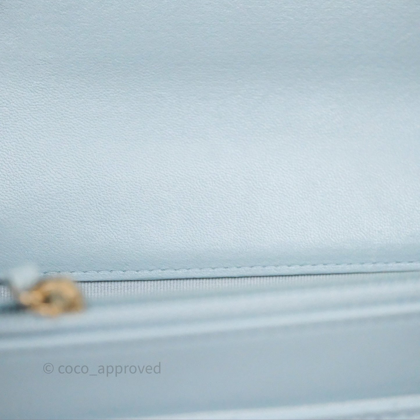 Chanel Pearl Chain WOC Wallet On Chain Light Blue Lambskin Gold Hardware