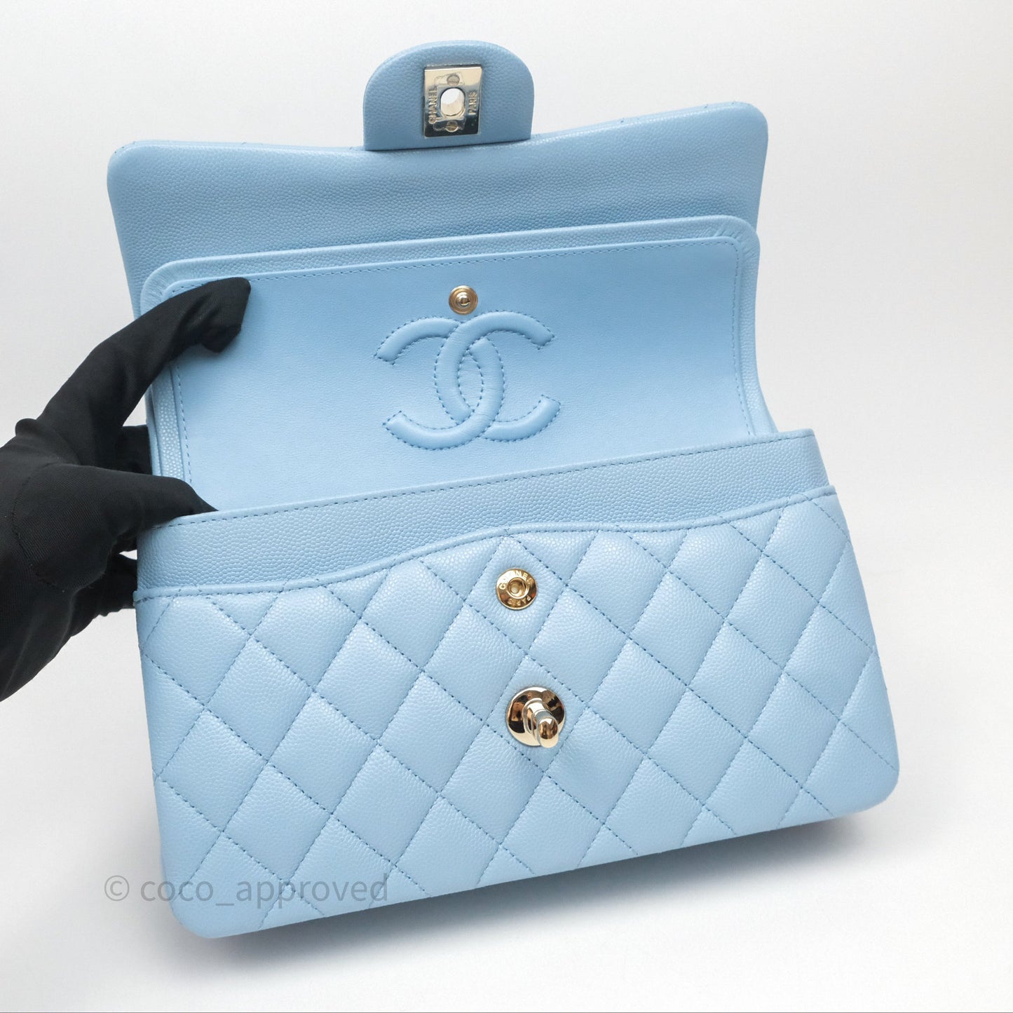 Chanel Small Classic Flap Quilted Blue Caviar Light Gold Hardware