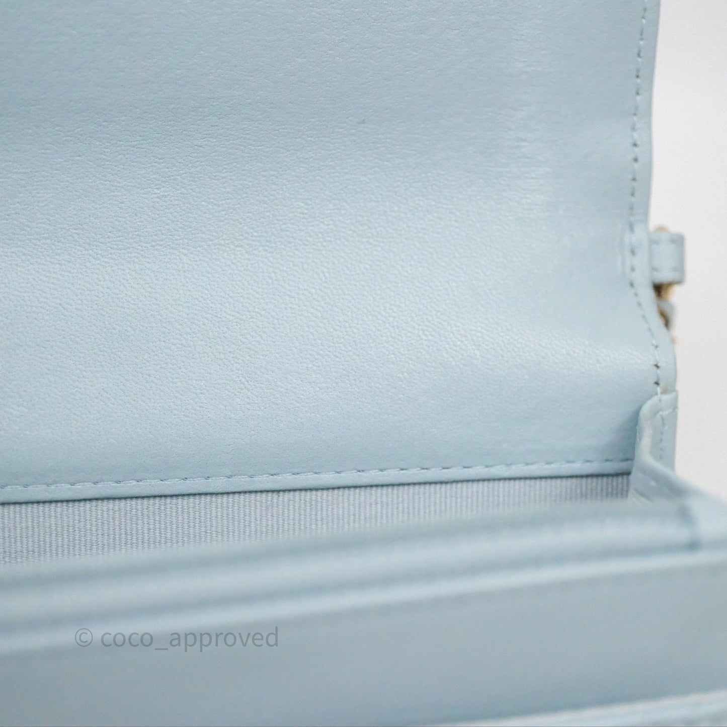 Chanel Pearl Chain WOC Wallet On Chain Light Blue Lambskin Gold Hardware