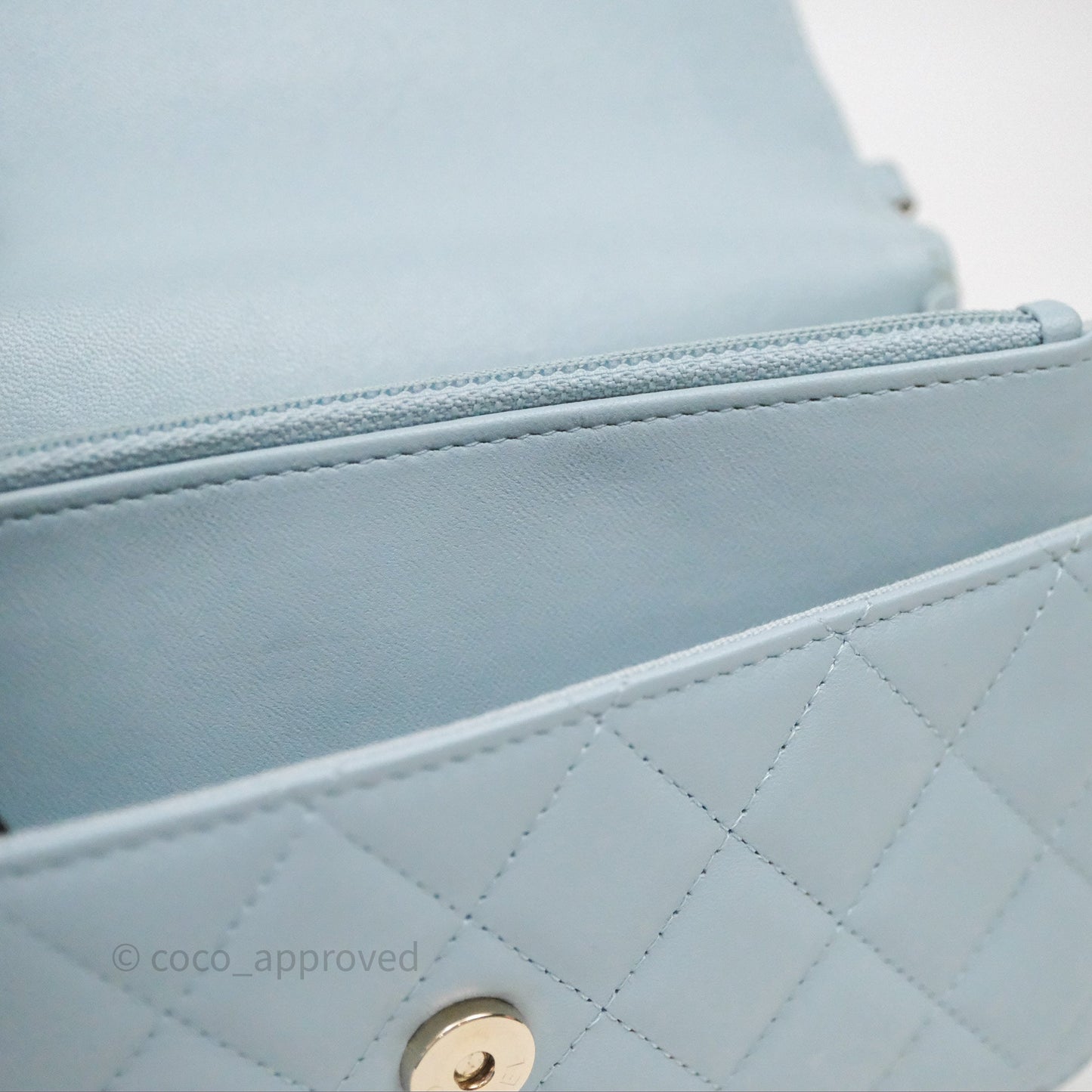 Chanel Pearl Chain WOC Wallet On Chain Light Blue Lambskin Gold Hardware