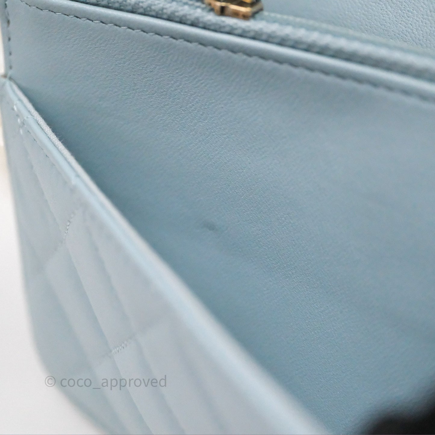 Chanel Pearl Chain WOC Wallet On Chain Light Blue Lambskin Gold Hardware