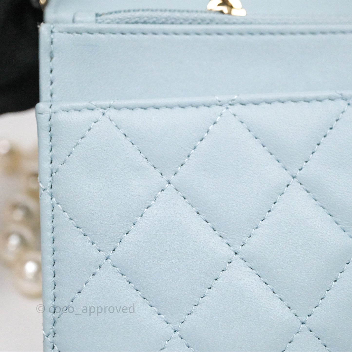 Chanel Pearl Chain WOC Wallet On Chain Light Blue Lambskin Gold Hardware