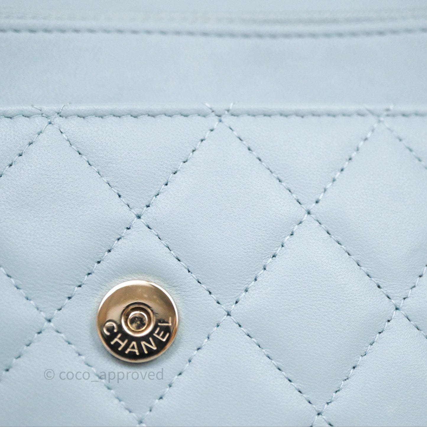 Chanel Pearl Chain WOC Wallet On Chain Light Blue Lambskin Gold Hardware