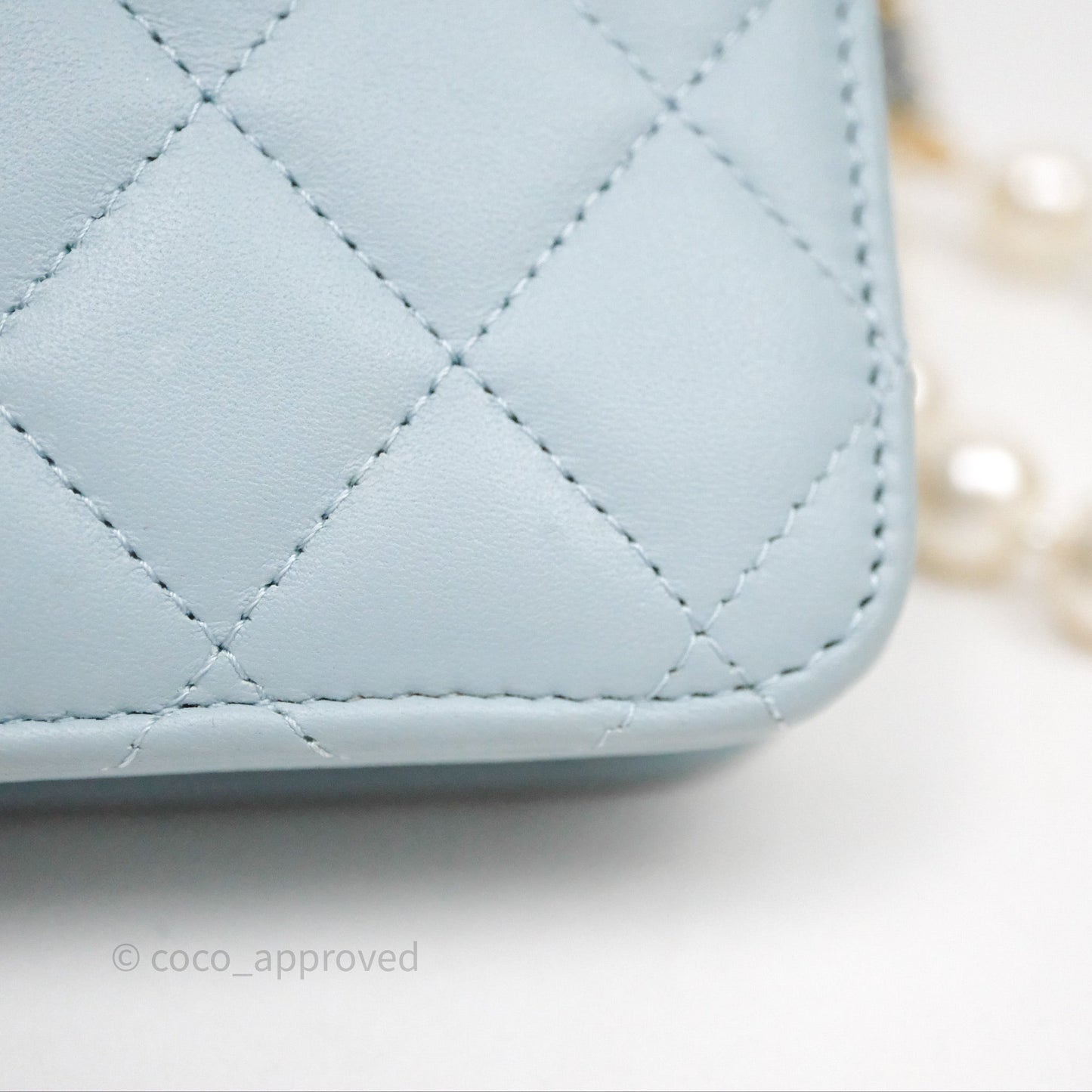 Chanel Pearl Chain WOC Wallet On Chain Light Blue Lambskin Gold Hardware