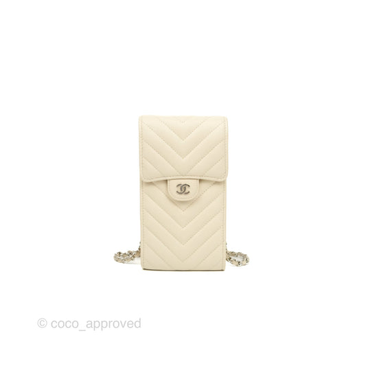Chanel Chevron Clutch With Chain Ivory Calfskin Silver Hardware