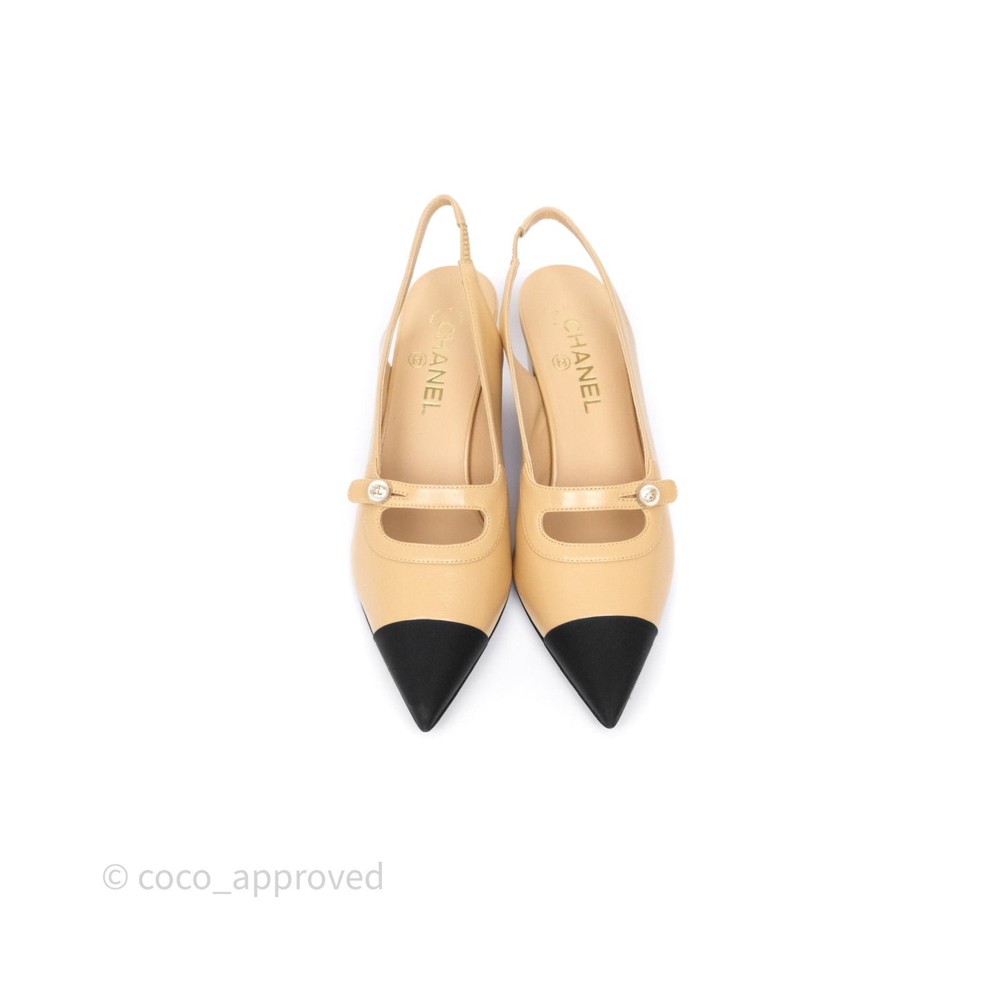 Chanel Slingbacks Heels with Pearls Black/ Beige Size 38.5