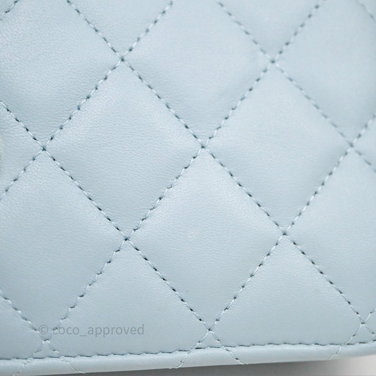 Chanel Pearl Chain WOC Wallet On Chain Light Blue Lambskin Gold Hardware