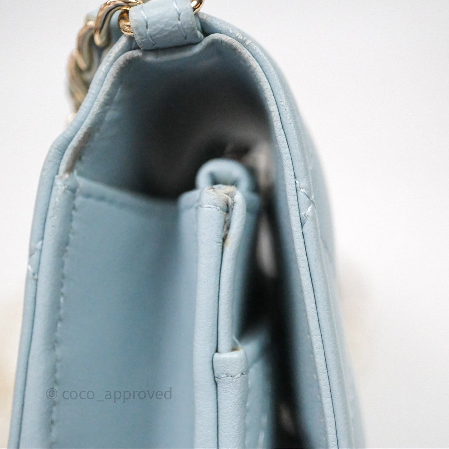 Chanel Pearl Chain WOC Wallet On Chain Light Blue Lambskin Gold Hardware