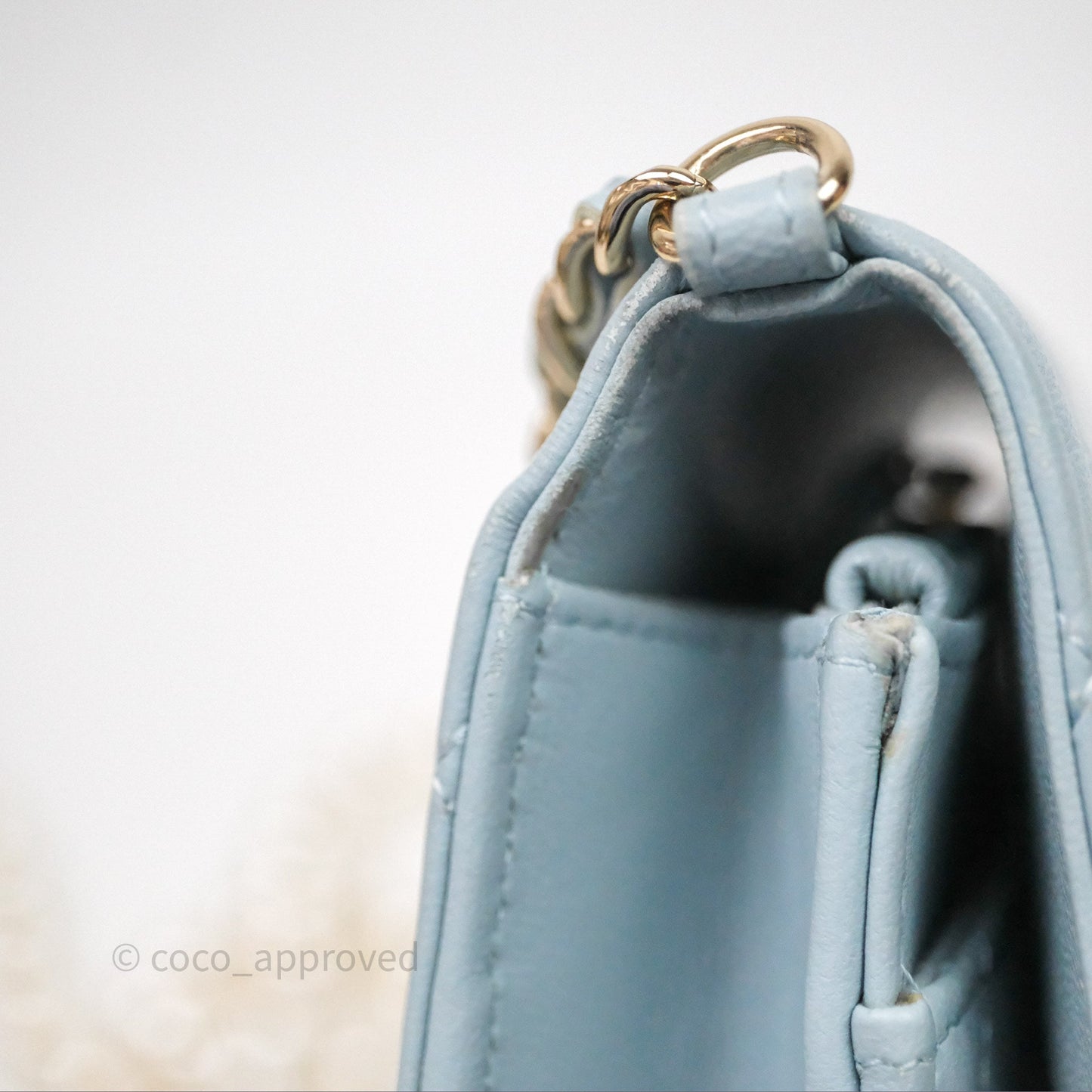 Chanel Pearl Chain WOC Wallet On Chain Light Blue Lambskin Gold Hardware