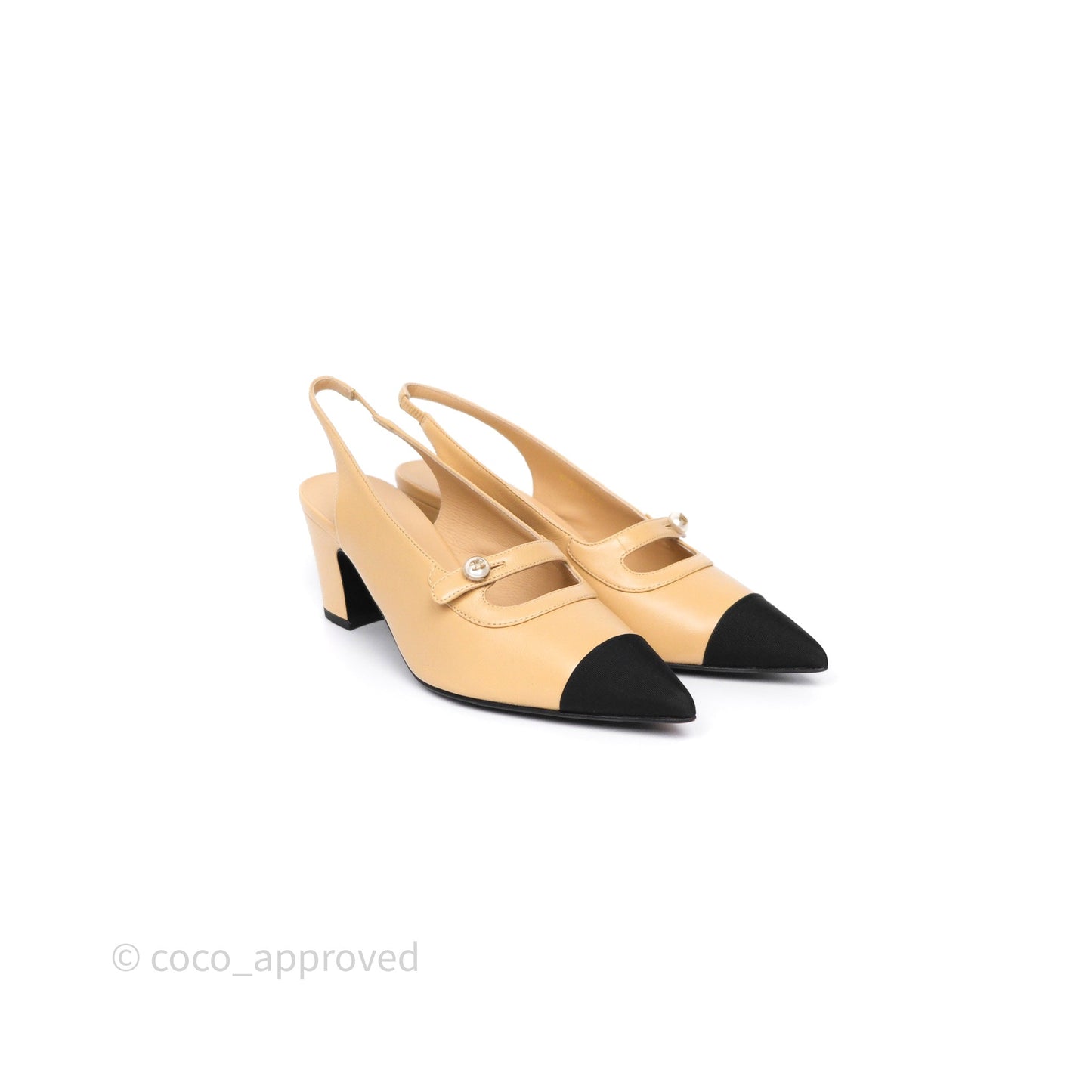 Chanel Slingbacks Heels with Pearls Black/ Beige Size 38.5