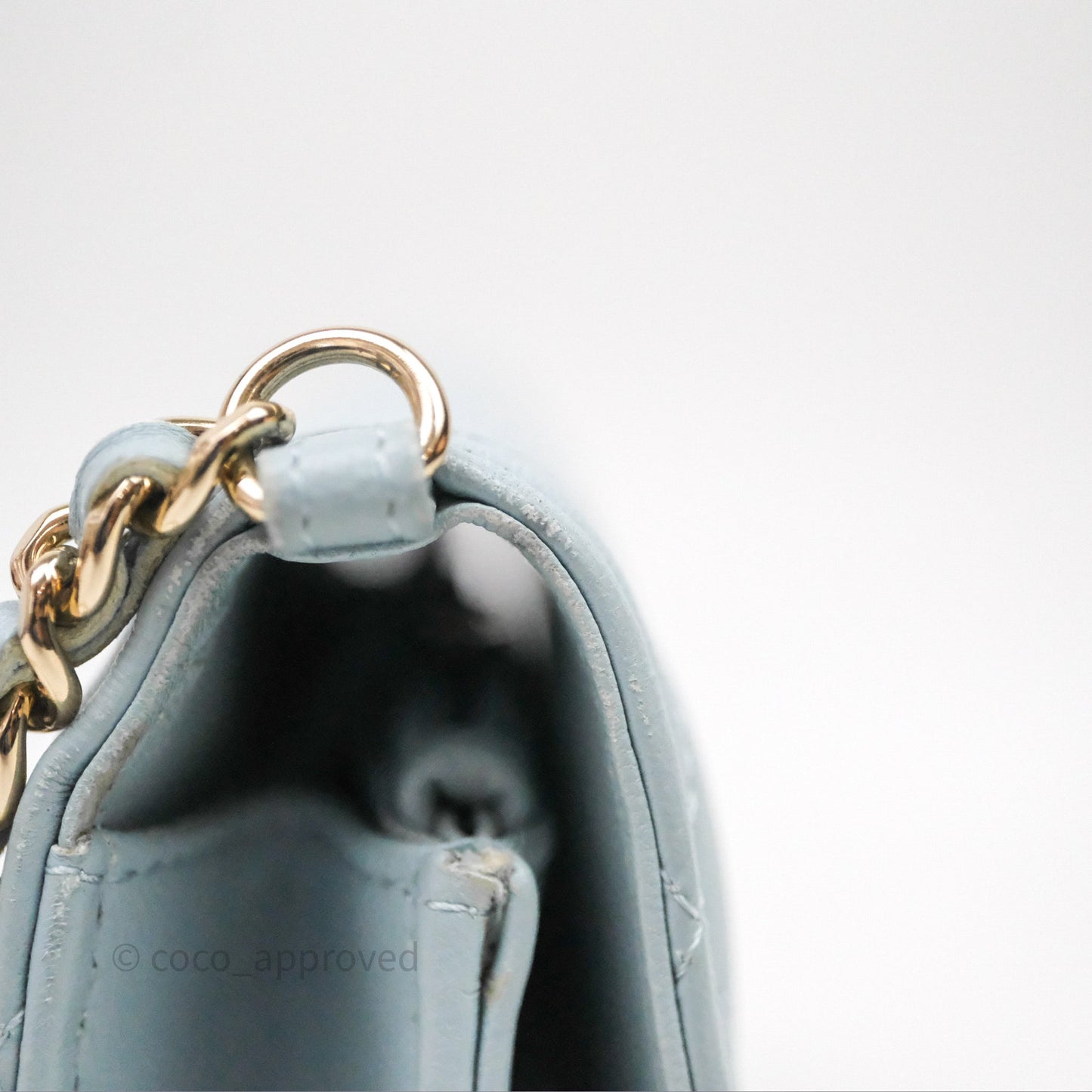 Chanel Pearl Chain WOC Wallet On Chain Light Blue Lambskin Gold Hardware