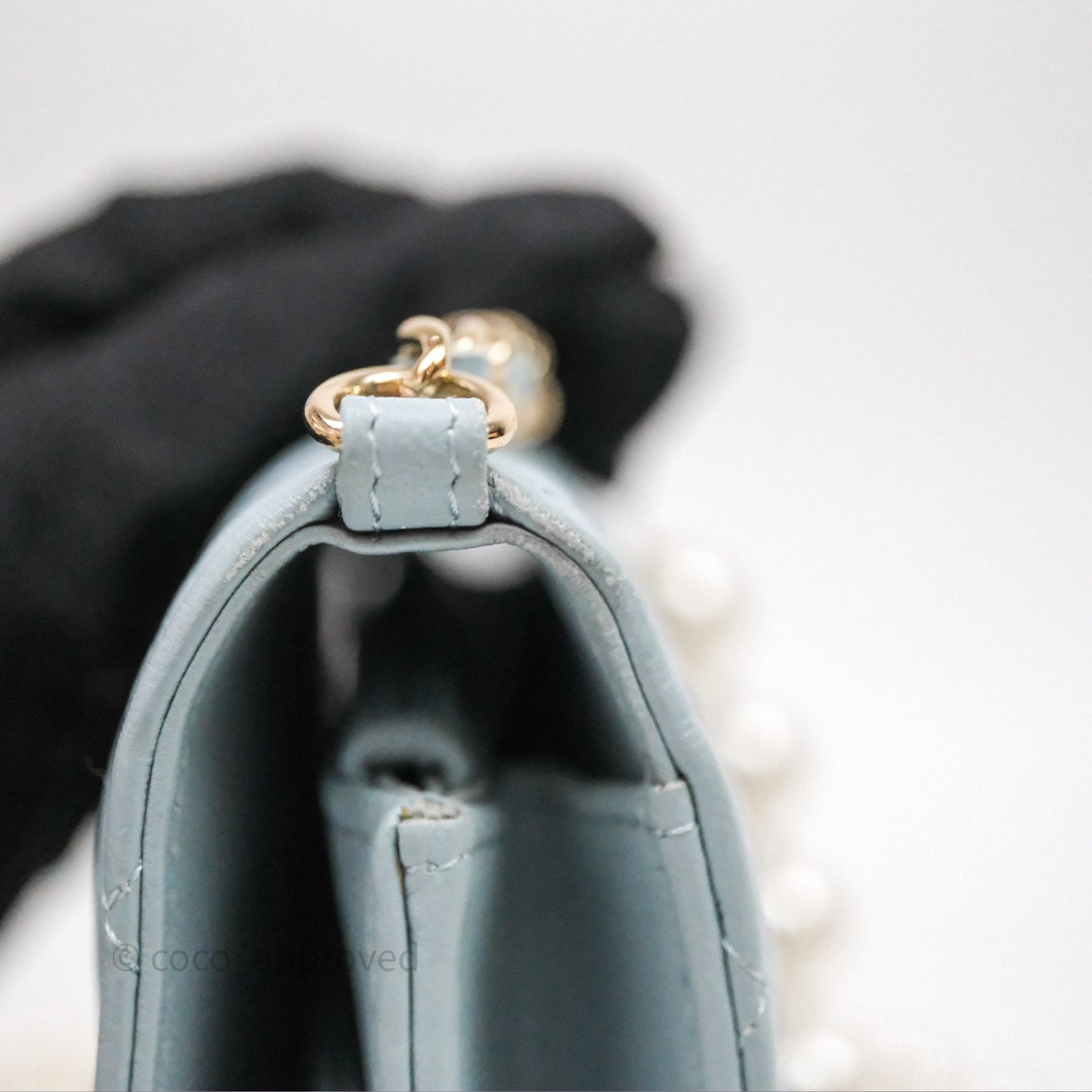 Chanel Pearl Chain WOC Wallet On Chain Light Blue Lambskin Gold Hardware