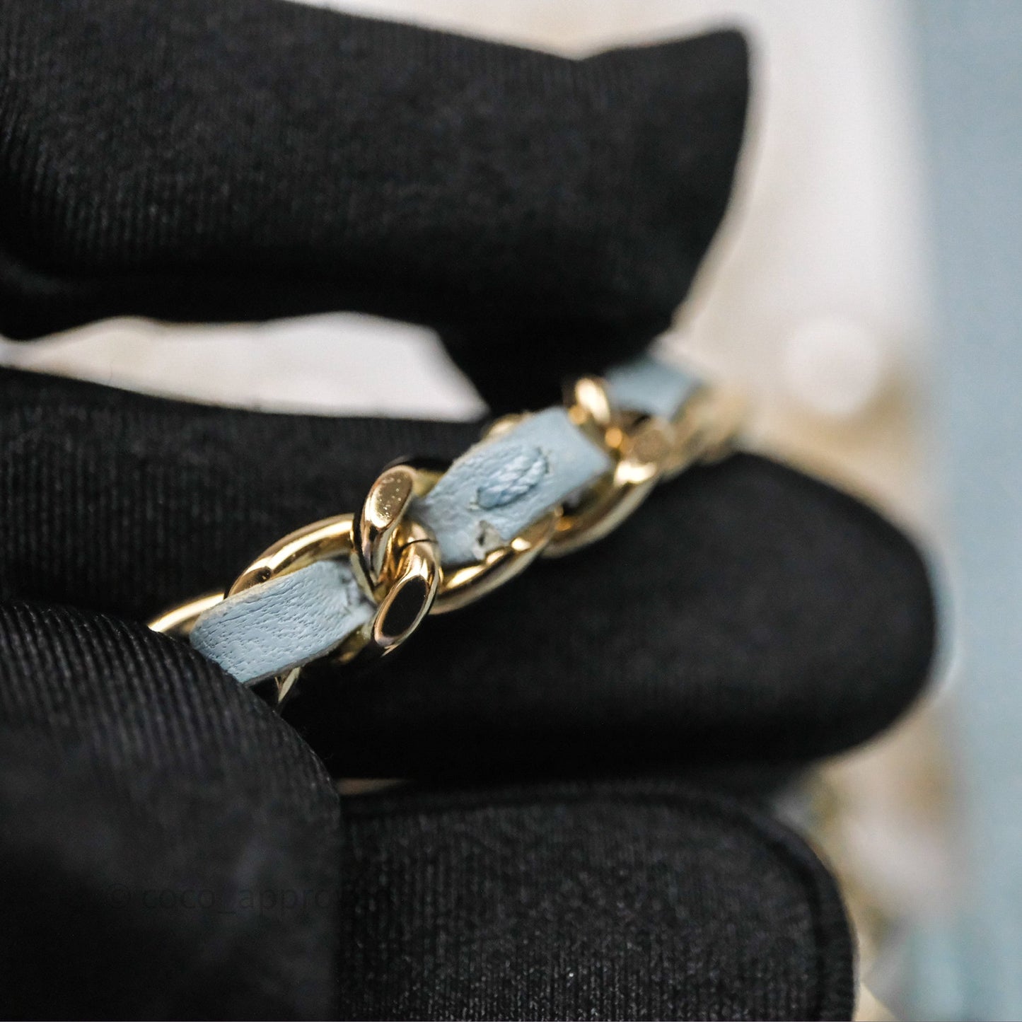 Chanel Pearl Chain WOC Wallet On Chain Light Blue Lambskin Gold Hardware