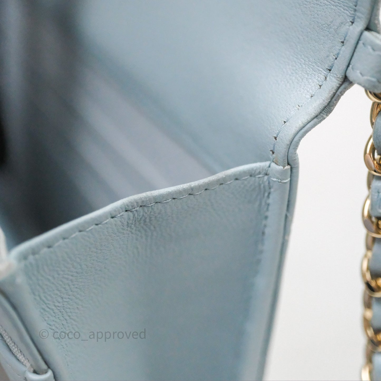 Chanel Pearl Chain WOC Wallet On Chain Light Blue Lambskin Gold Hardware