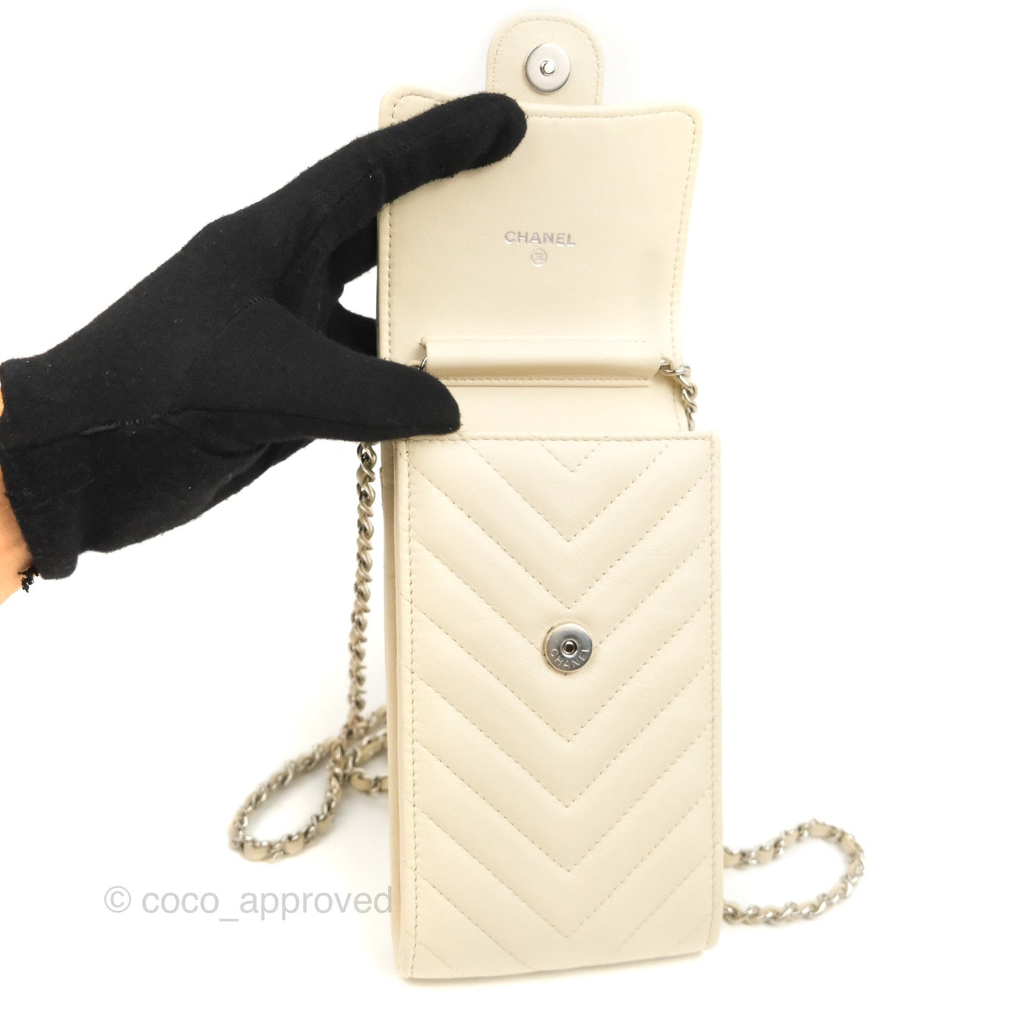 Chanel Chevron Clutch With Chain Ivory Calfskin Silver Hardware