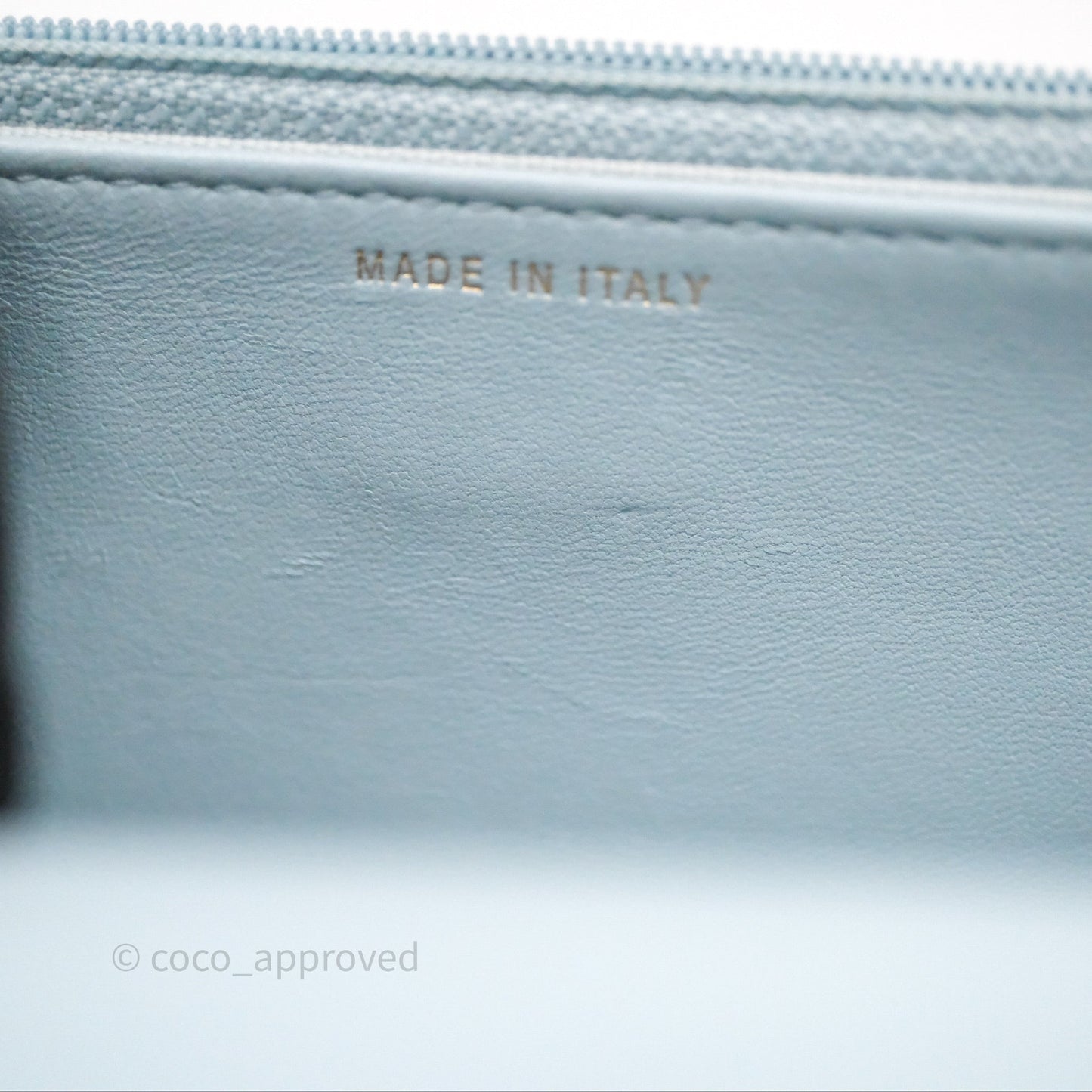 Chanel Pearl Chain WOC Wallet On Chain Light Blue Lambskin Gold Hardware