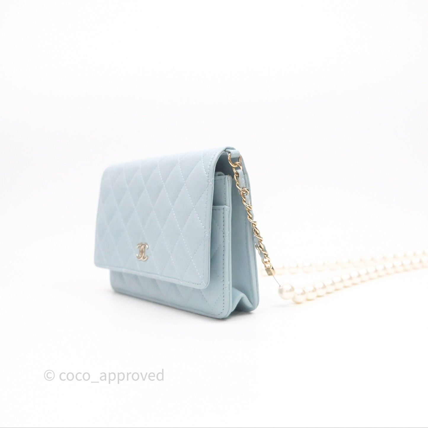 Chanel Pearl Chain WOC Wallet On Chain Light Blue Lambskin Gold Hardware