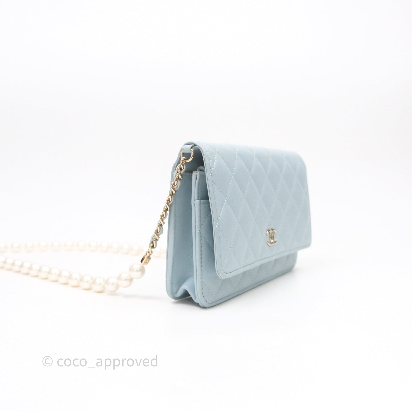 Chanel Pearl Chain WOC Wallet On Chain Light Blue Lambskin Gold Hardware