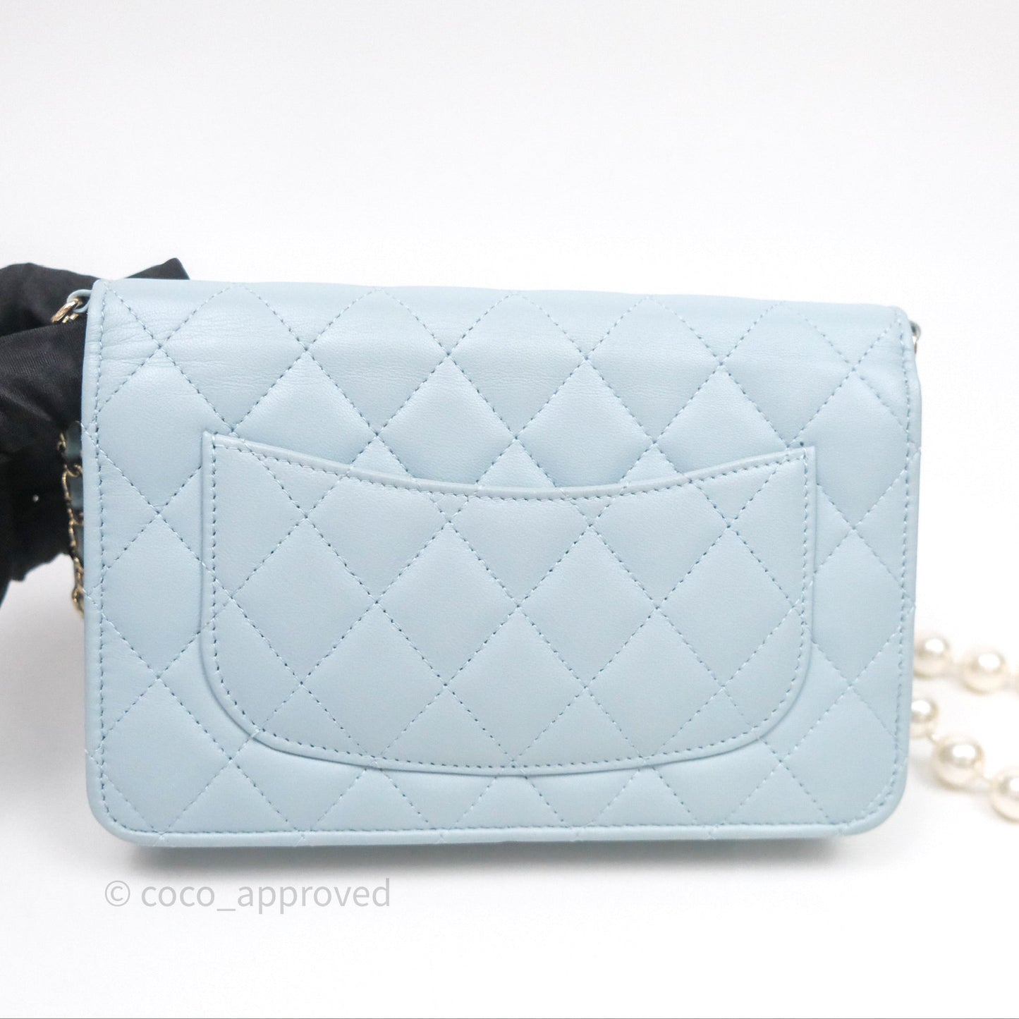 Chanel Pearl Chain WOC Wallet On Chain Light Blue Lambskin Gold Hardware