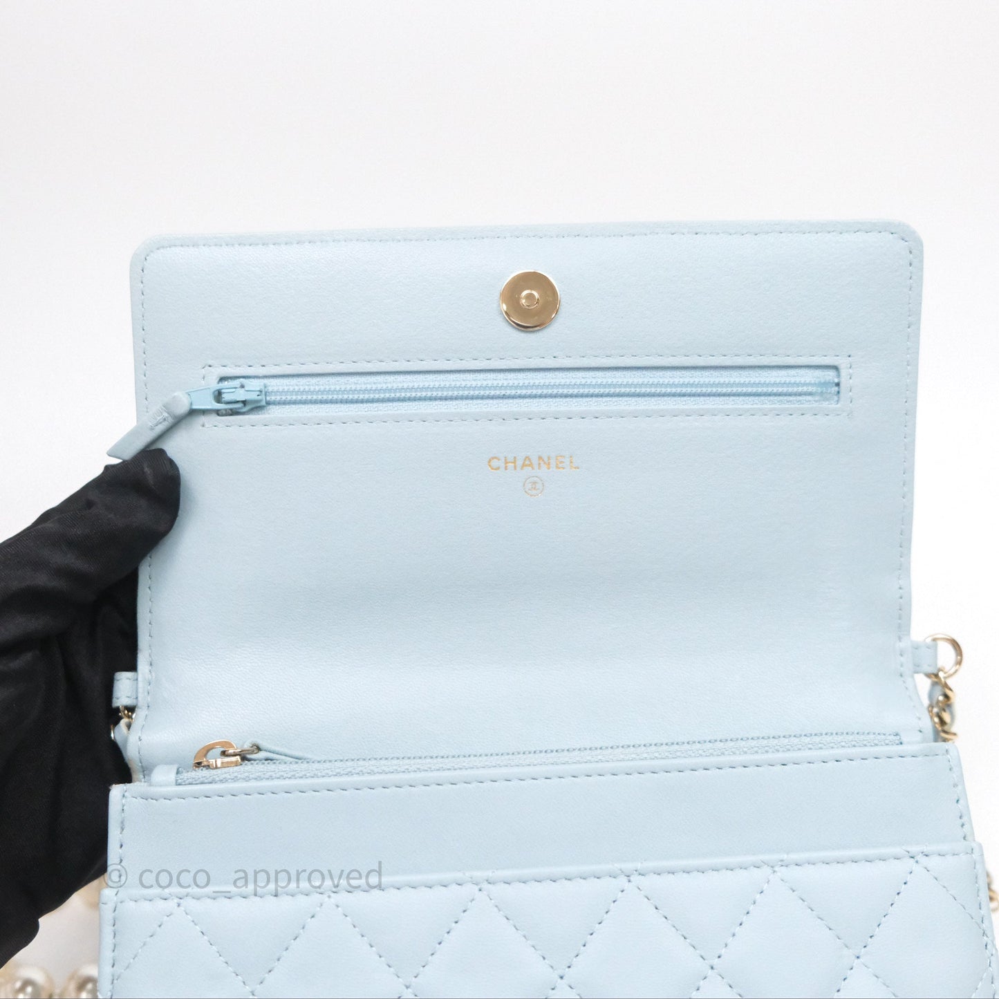 Chanel Pearl Chain WOC Wallet On Chain Light Blue Lambskin Gold Hardware