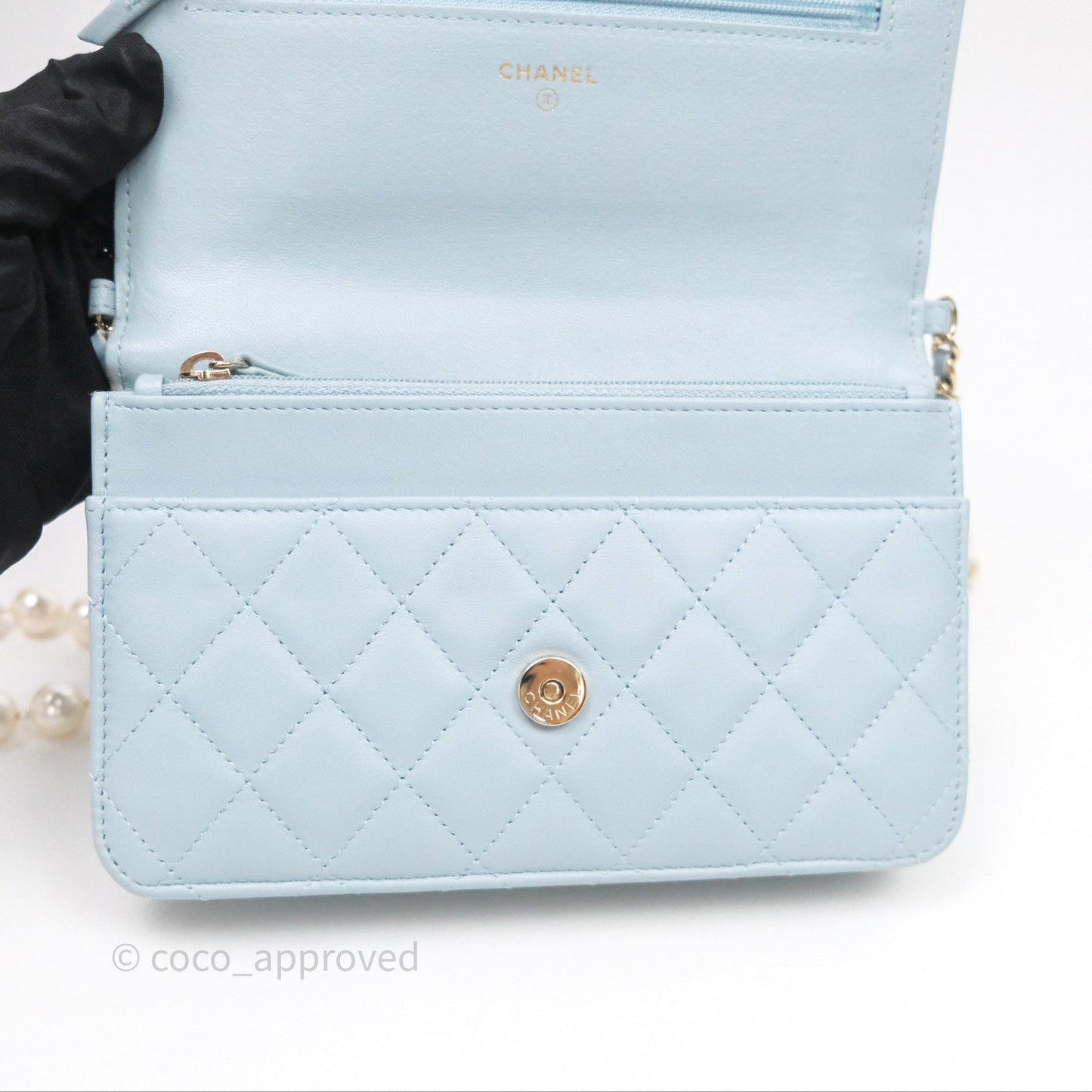 Chanel Pearl Chain WOC Wallet On Chain Light Blue Lambskin Gold Hardware