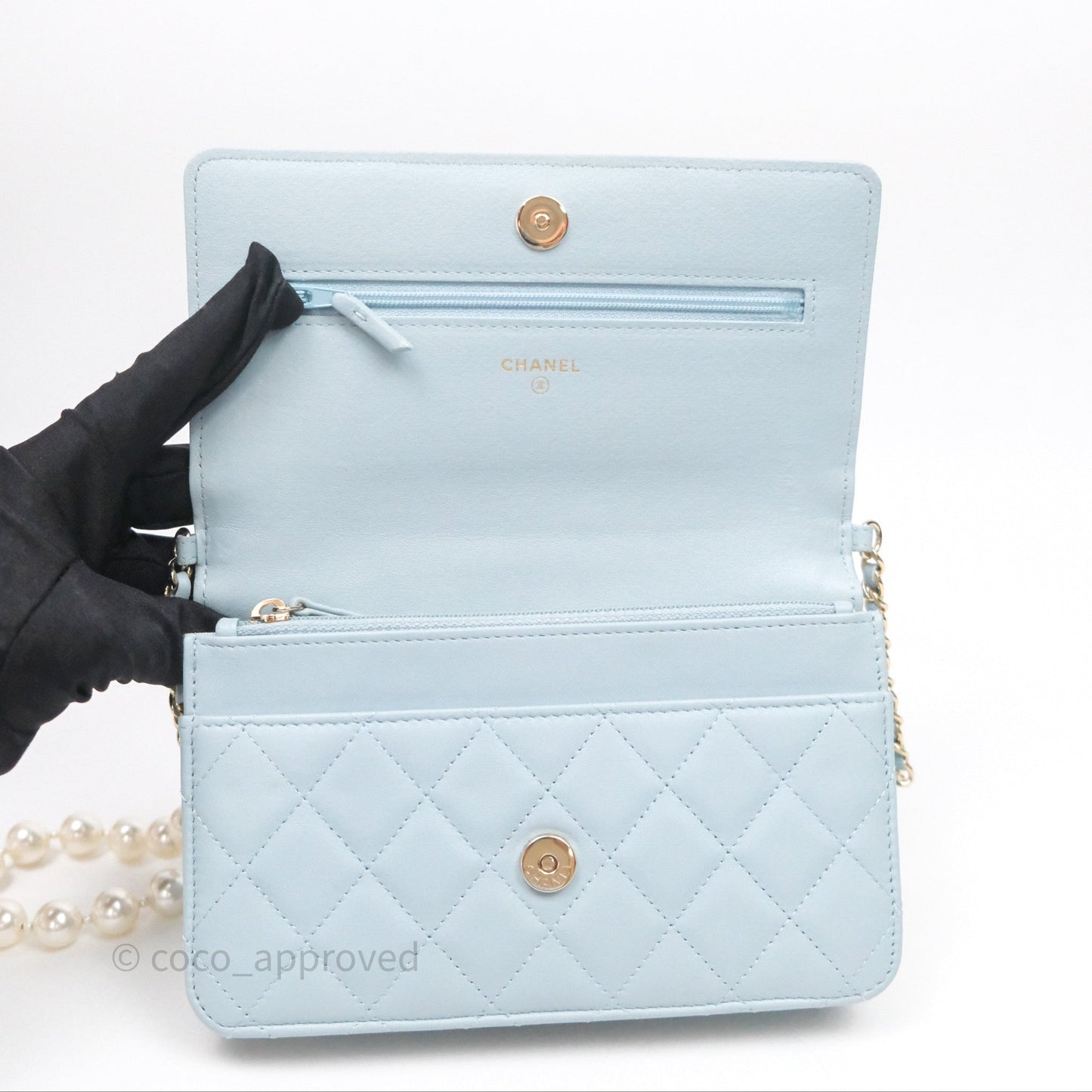 Chanel Pearl Chain WOC Wallet On Chain Light Blue Lambskin Gold Hardware