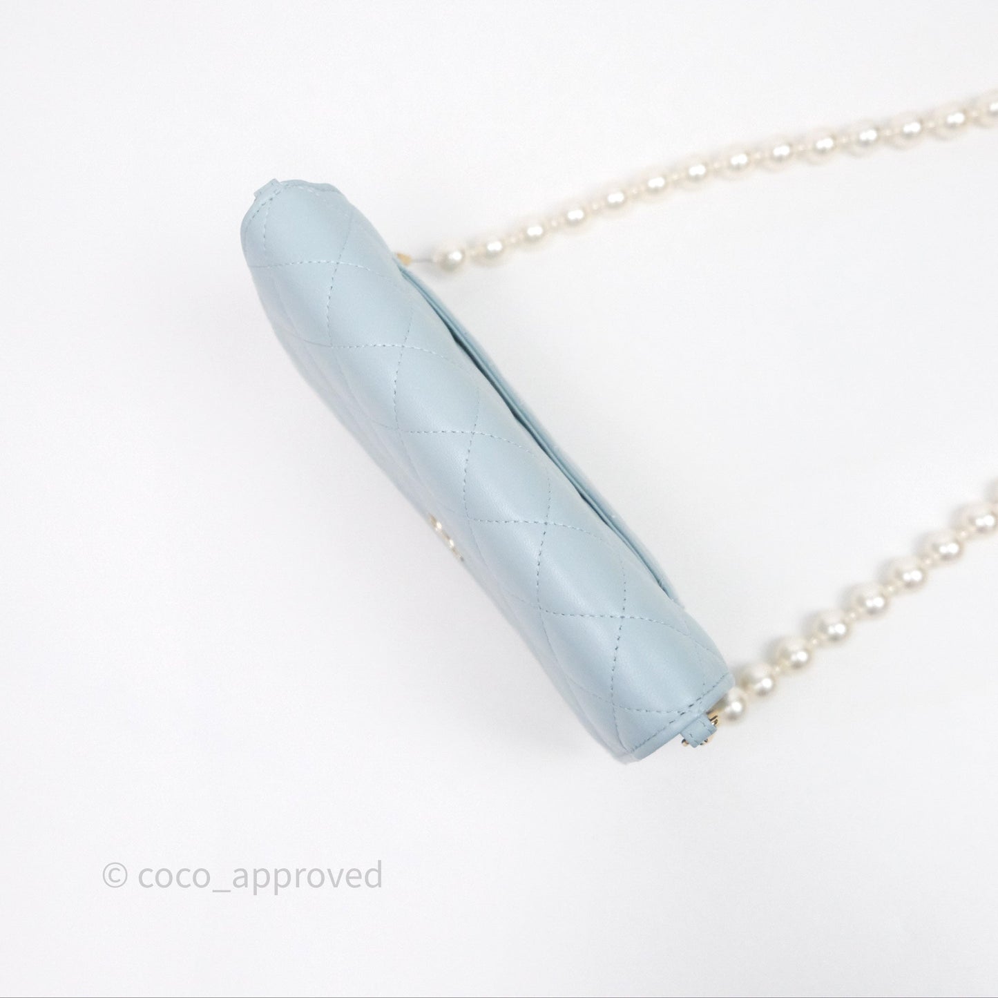 Chanel Pearl Chain WOC Wallet On Chain Light Blue Lambskin Gold Hardware