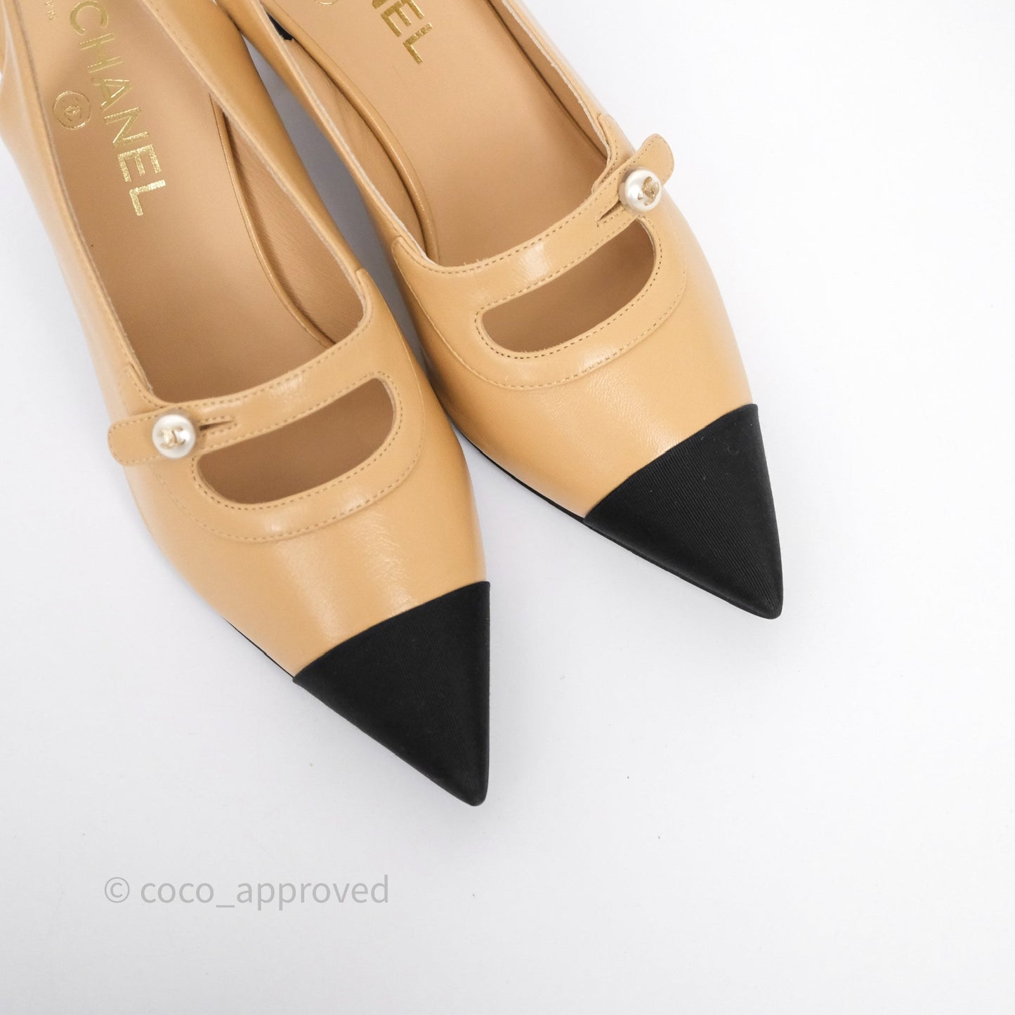Chanel Slingbacks Heels with Pearls Black/ Beige Size 38.5