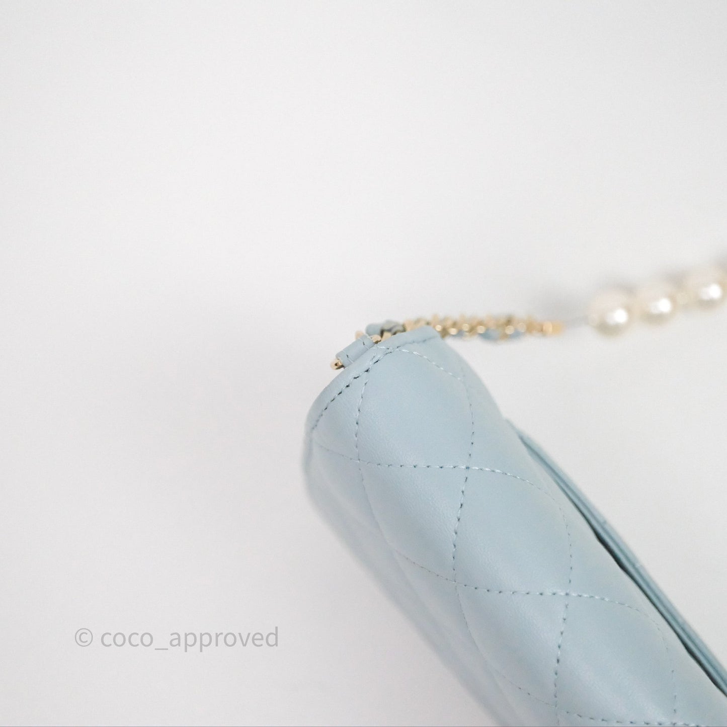 Chanel Pearl Chain WOC Wallet On Chain Light Blue Lambskin Gold Hardware