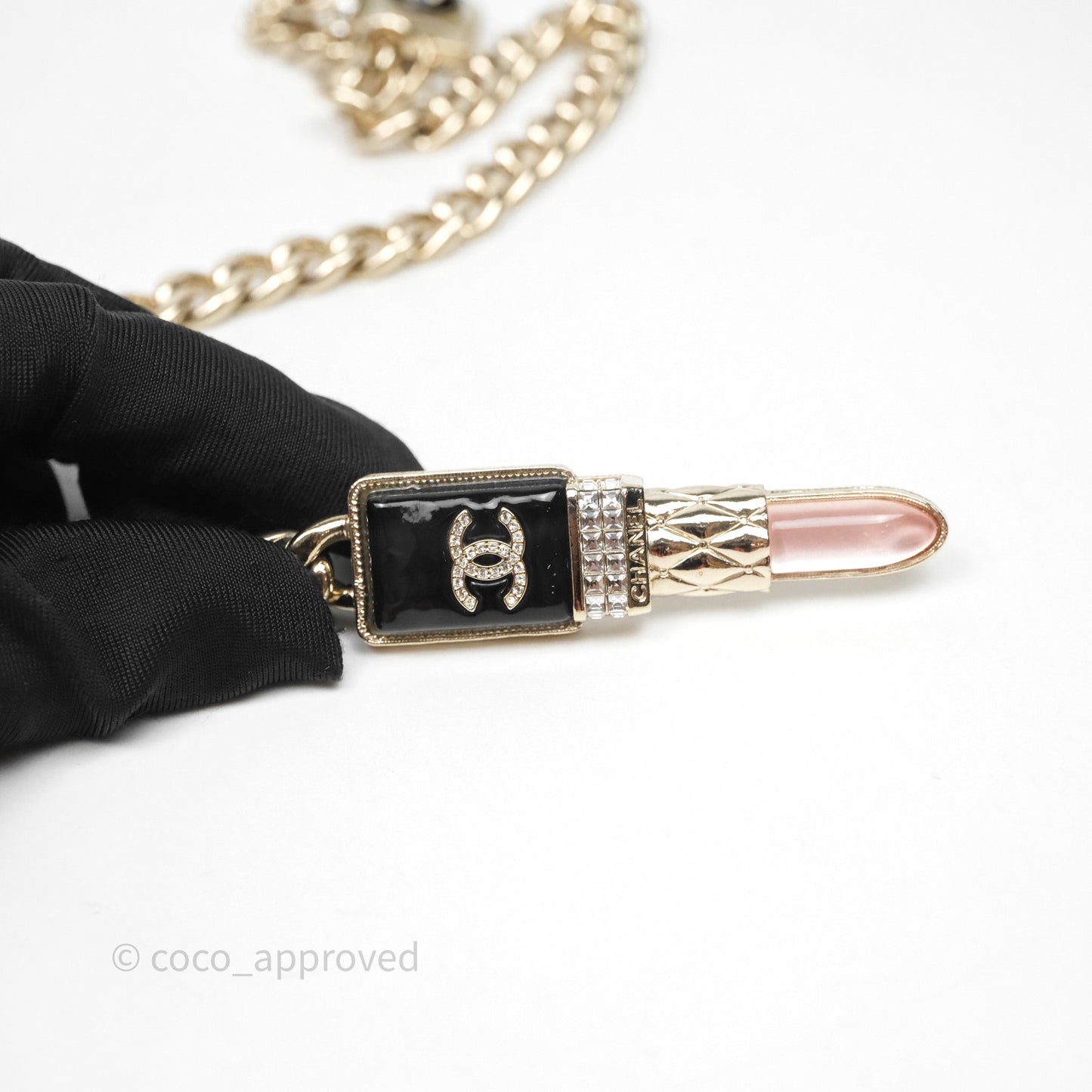 Chanel Crystal Lipstick Charm Pendant Necklace Gold Tone 22C