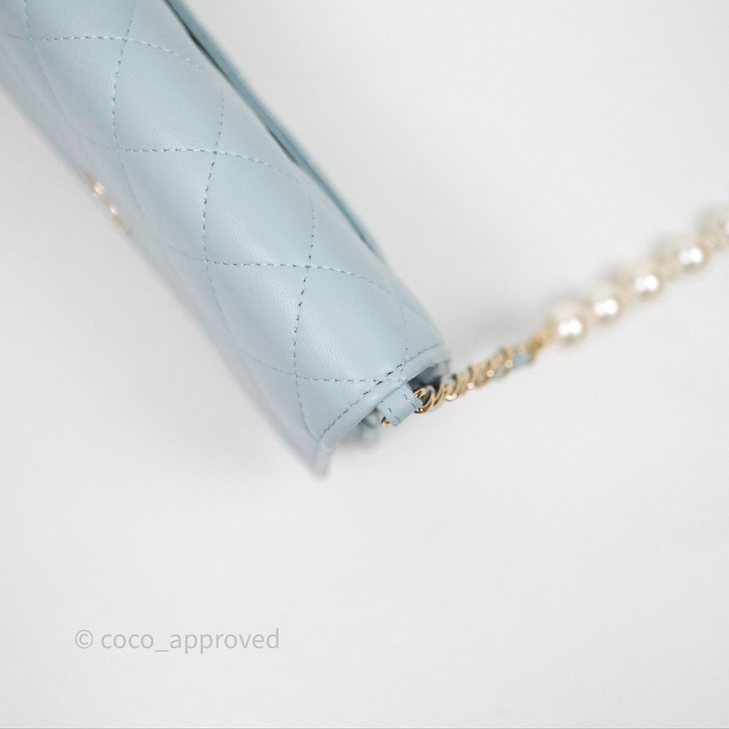 Chanel Pearl Chain WOC Wallet On Chain Light Blue Lambskin Gold Hardware