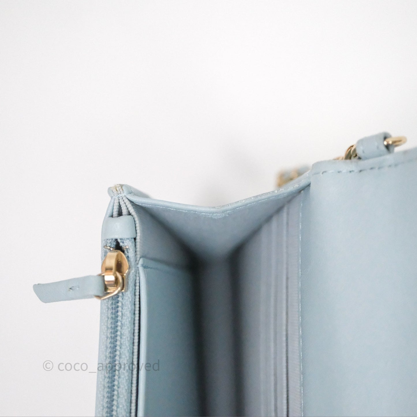 Chanel Pearl Chain WOC Wallet On Chain Light Blue Lambskin Gold Hardware