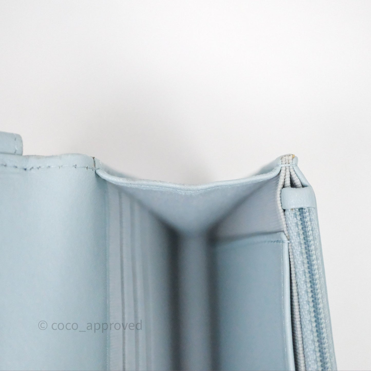Chanel Pearl Chain WOC Wallet On Chain Light Blue Lambskin Gold Hardware