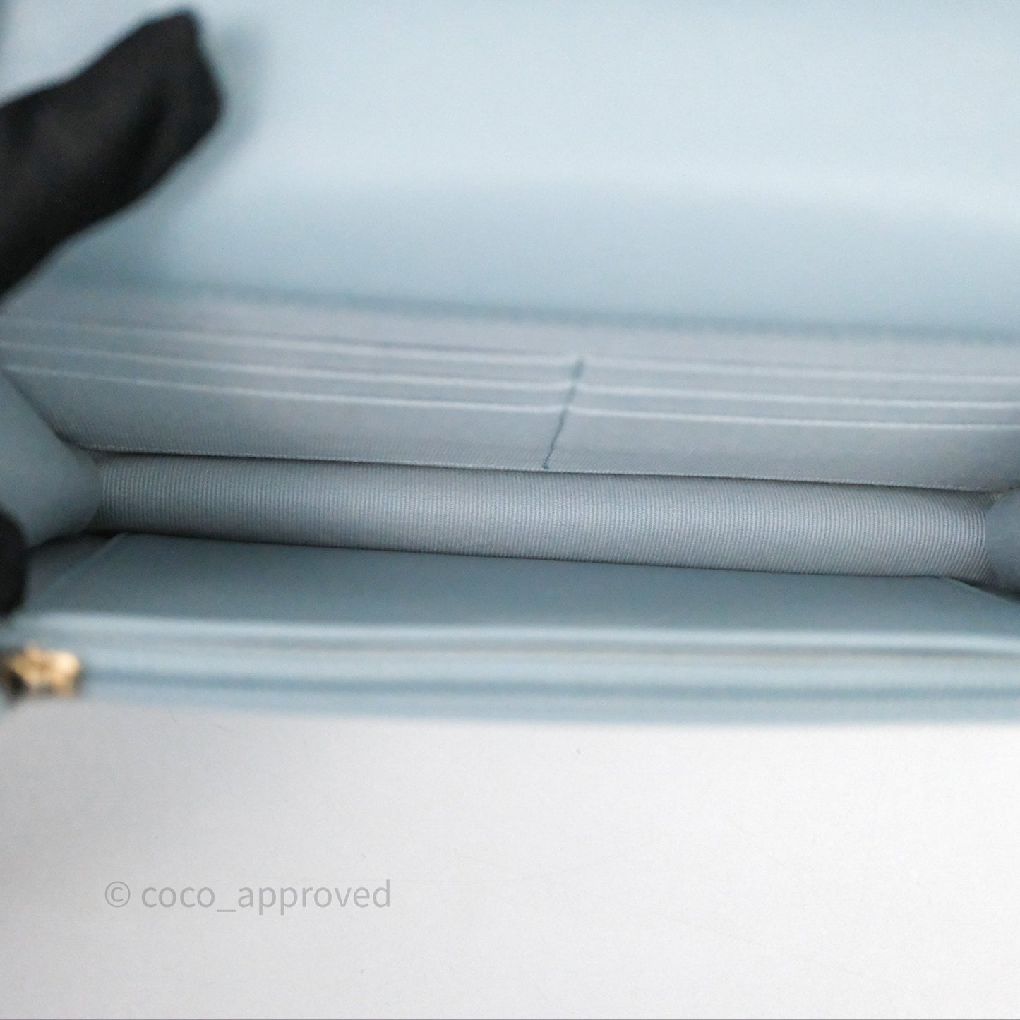 Chanel Pearl Chain WOC Wallet On Chain Light Blue Lambskin Gold Hardware