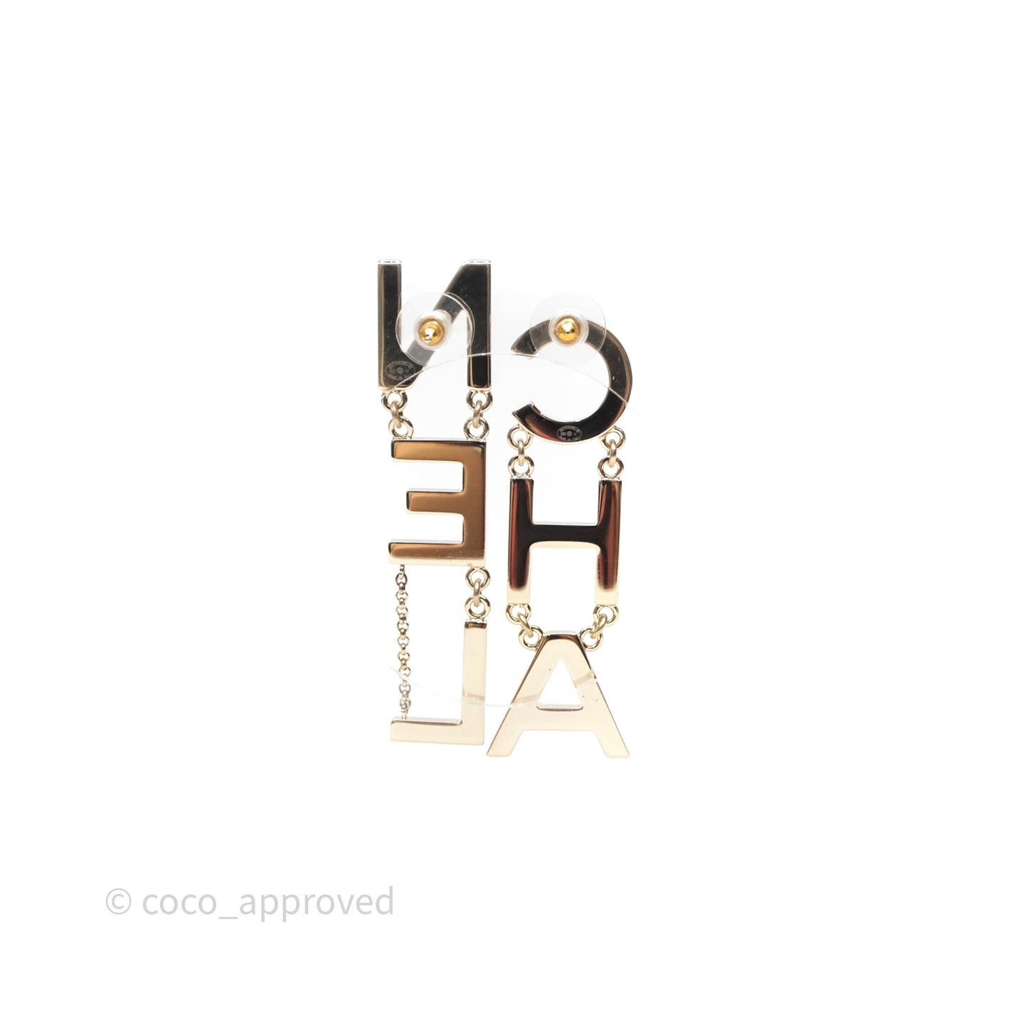 Chanel Letter Cha-Nel Logo Drop Earrings Gold Tone 21V