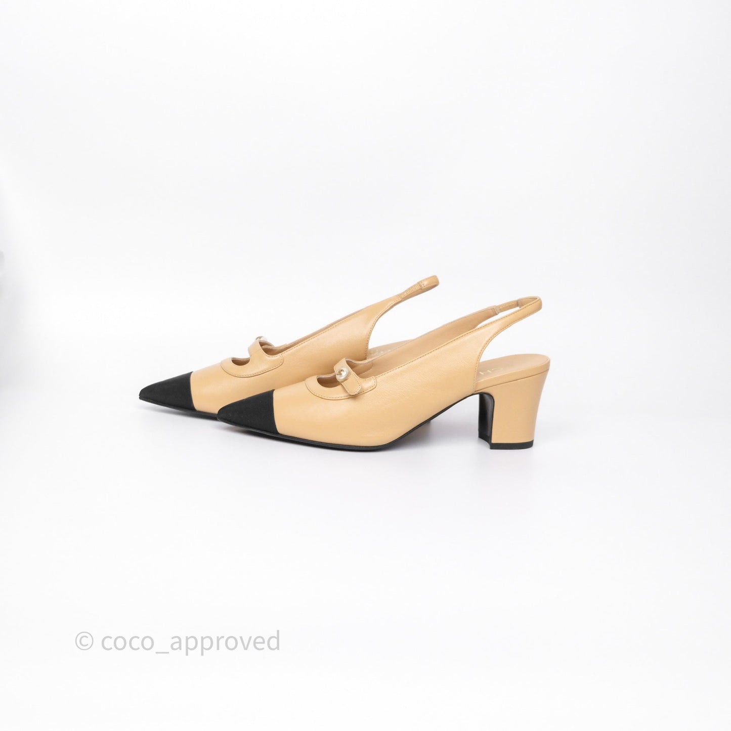 Chanel Slingbacks Heels with Pearls Black/ Beige Size 38.5