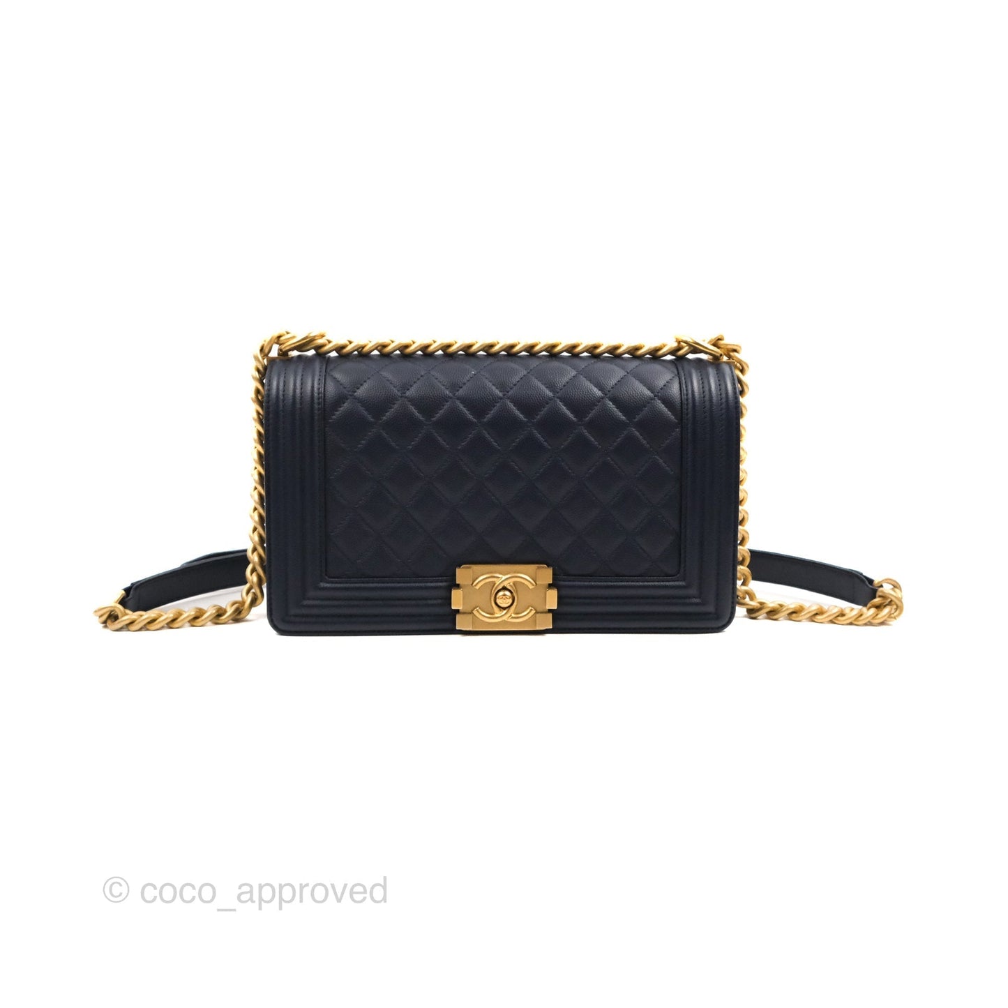 Chanel Quilted Medium Boy Navy Caviar Aged Gold Hardware