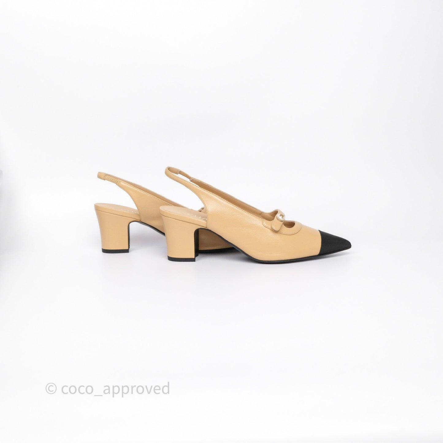 Chanel Slingbacks Heels with Pearls Black/ Beige Size 38.5
