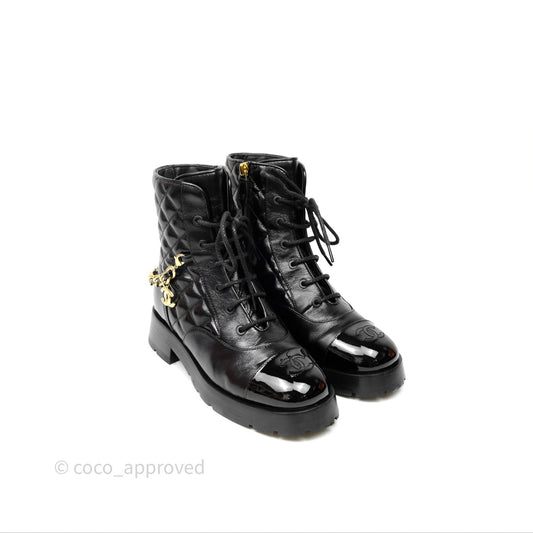 Chanel Patent Chain Lace Up Combat Boots Shiny Calfskin Black Size 36.5