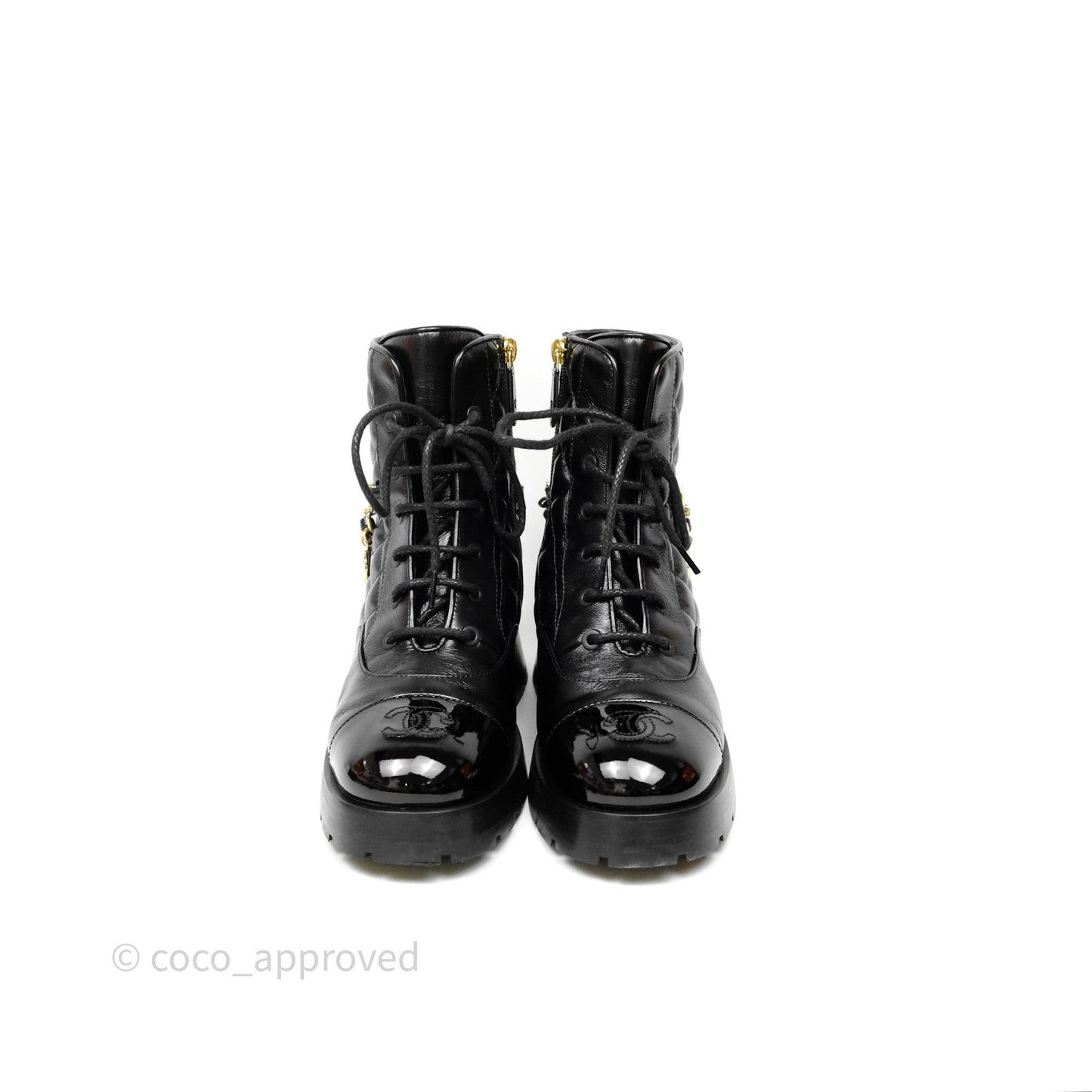 Chanel Patent Chain Lace Up Combat Boots Shiny Calfskin Black Size 36.5