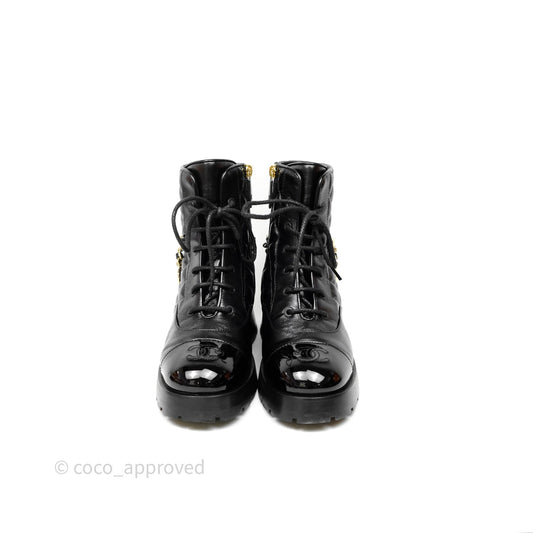 Chanel Patent Chain Lace Up Combat Boots Shiny Calfskin Black Size 36.5
