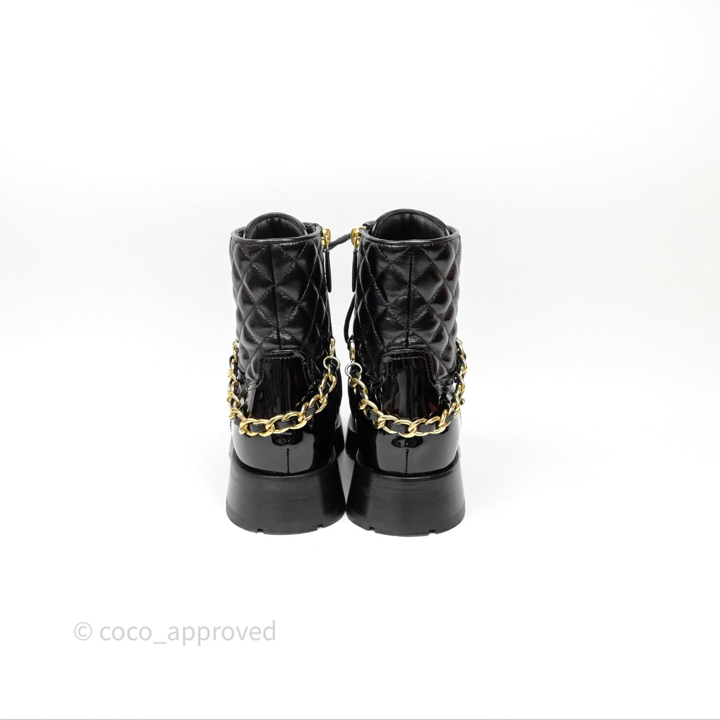 Chanel Patent Chain Lace Up Combat Boots Shiny Calfskin Black Size 36.5