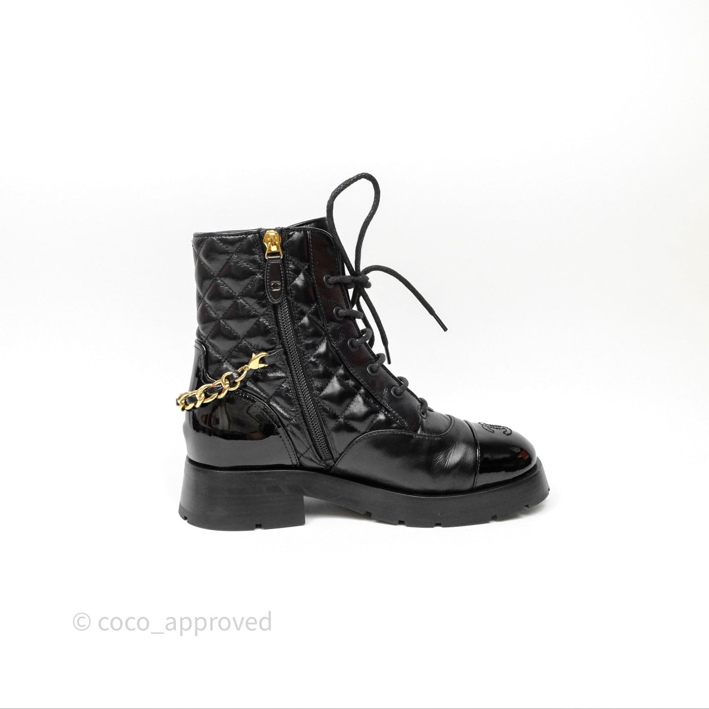 Chanel Patent Chain Lace Up Combat Boots Shiny Calfskin Black Size 36.5