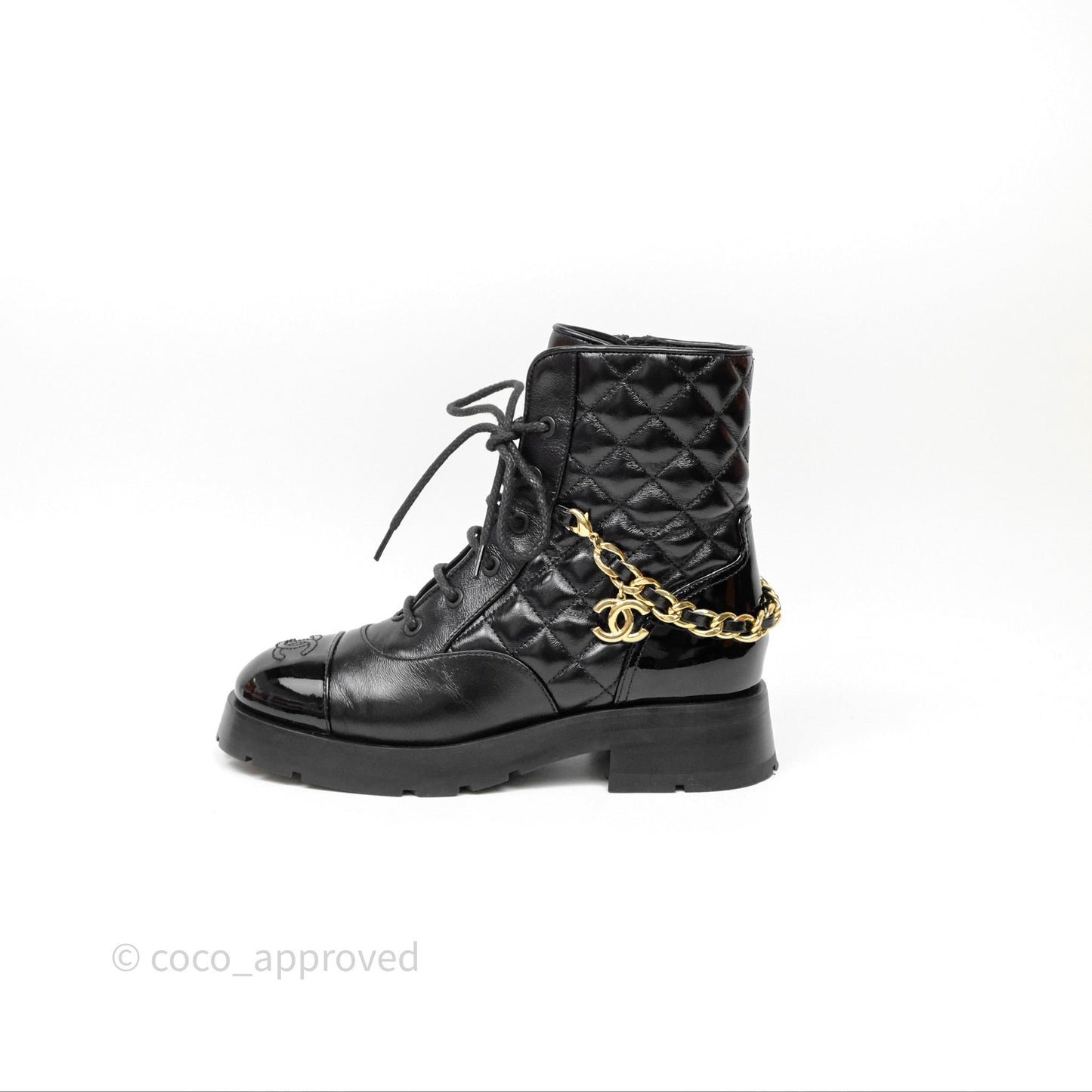 Chanel Patent Chain Lace Up Combat Boots Shiny Calfskin Black Size 36.5