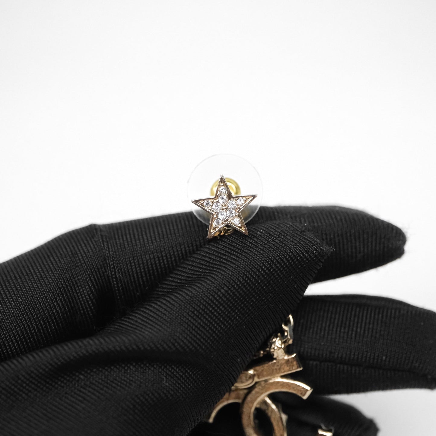 Chanel Crystal CC Star Drop Earrings Gold Tone 22S
