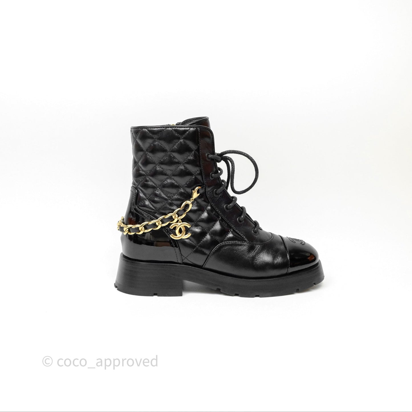 Chanel Patent Chain Lace Up Combat Boots Shiny Calfskin Black Size 36.5