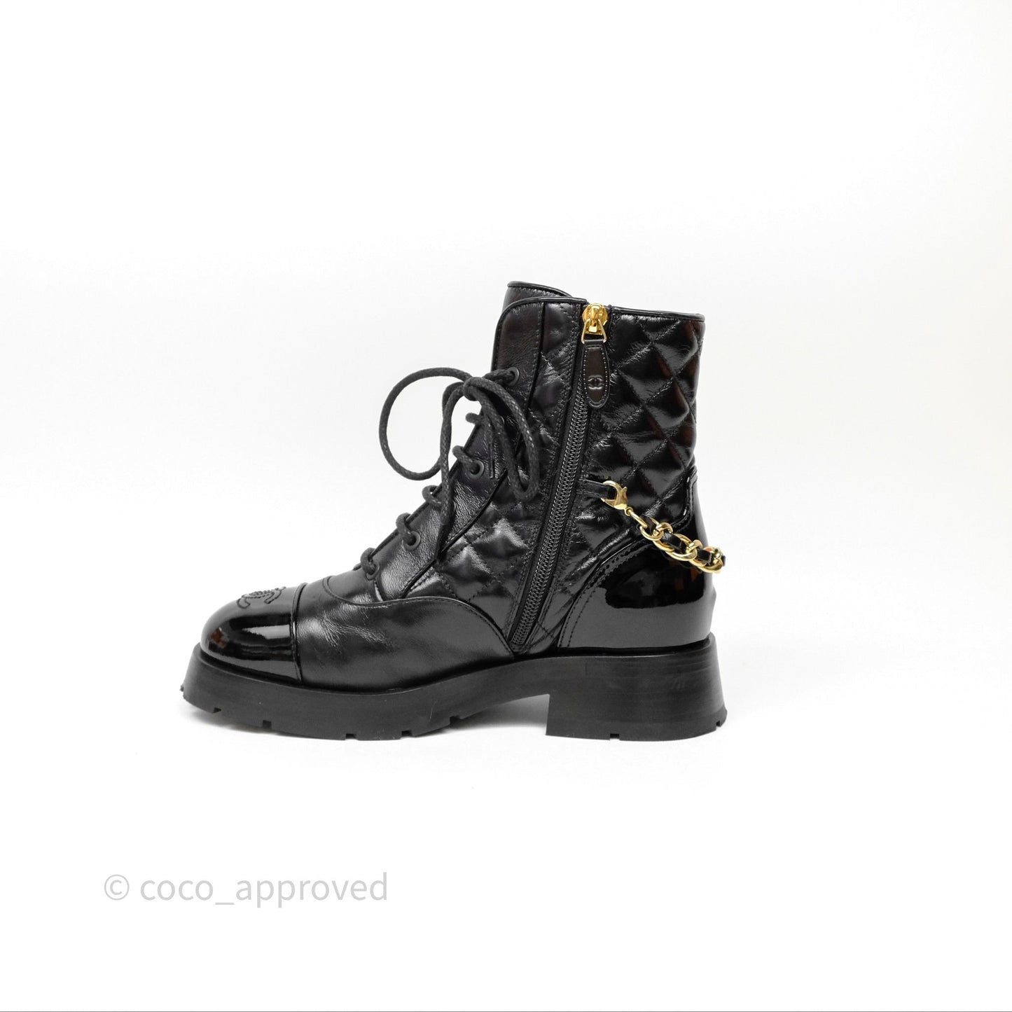 Chanel Patent Chain Lace Up Combat Boots Shiny Calfskin Black Size 36.5