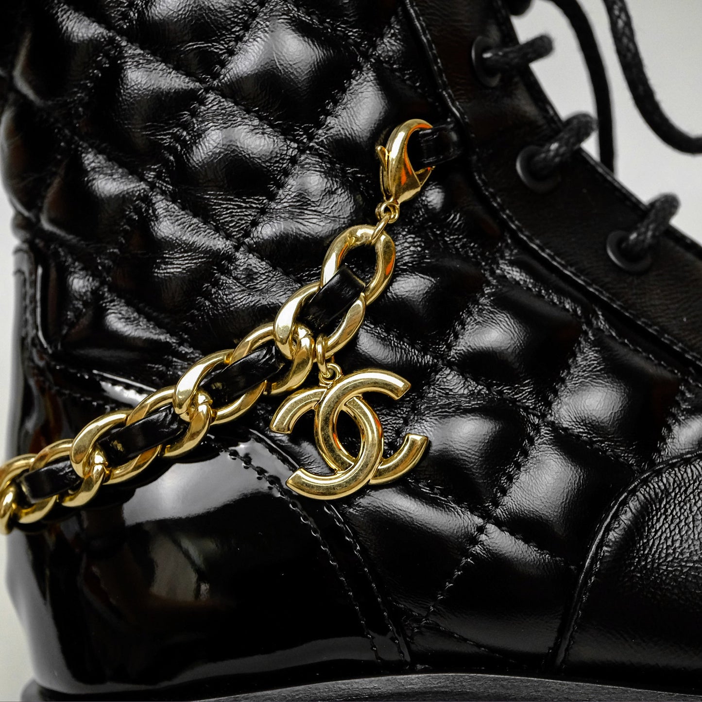 Chanel Patent Chain Lace Up Combat Boots Shiny Calfskin Black Size 36.5
